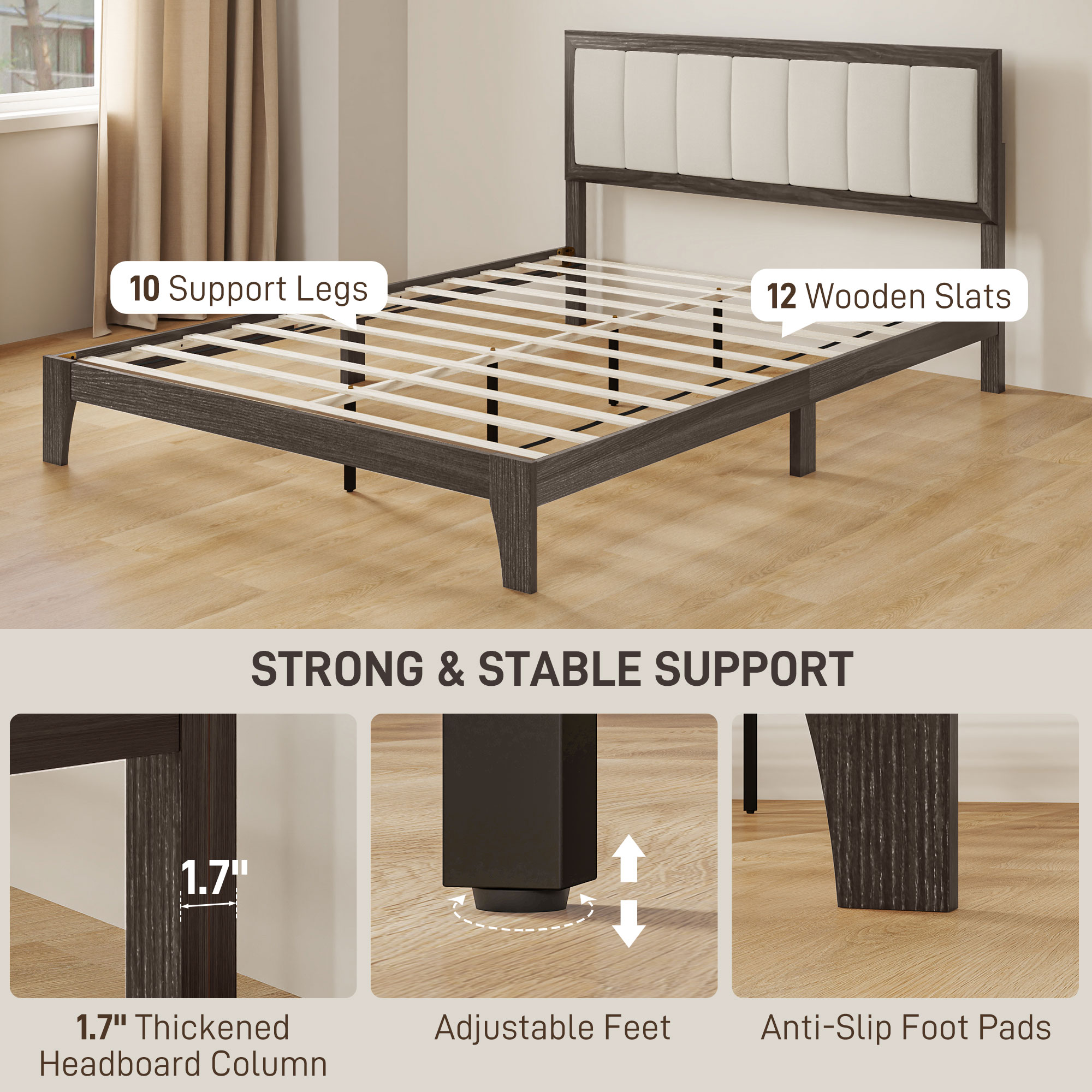 HOMCOM Queen Size Bed Frame with Headboard Queen Platform Bed Frame with Wooden Slats No Box Spring Needed Easy Assembly Walnut 4