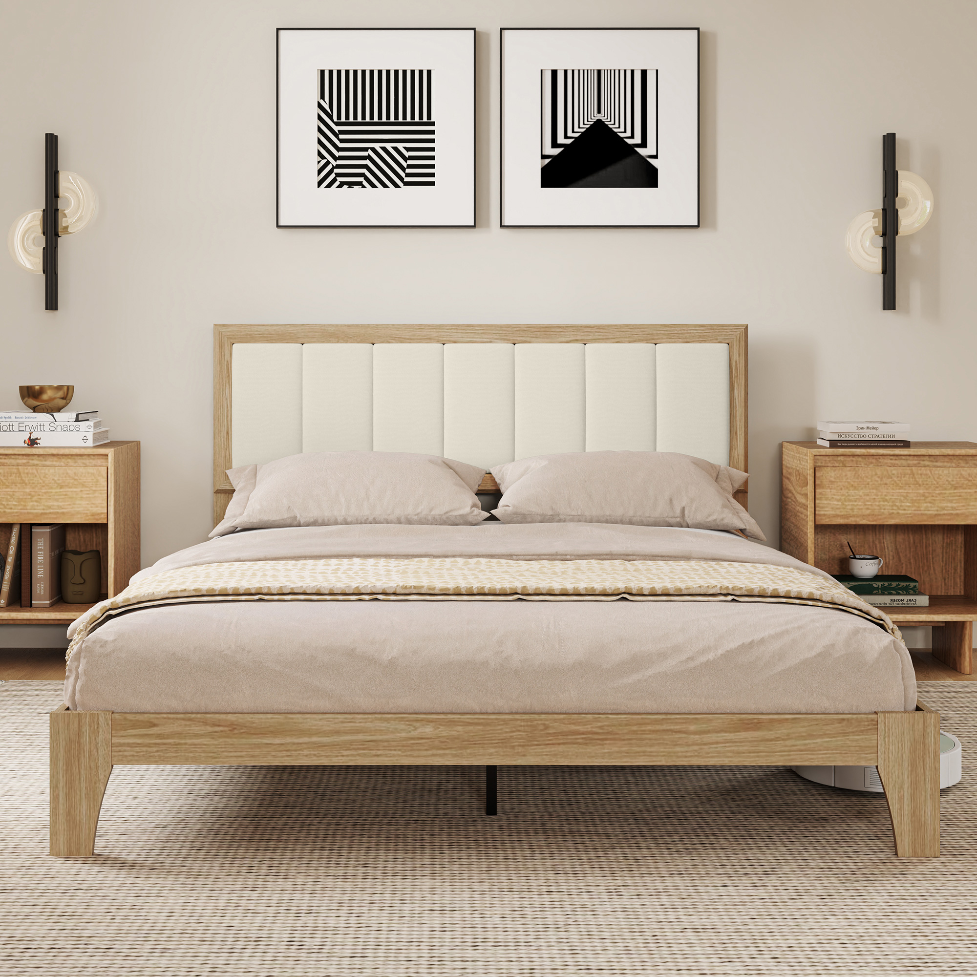 HOMCOM Queen Size Bed Frame with Headboard Queen Platform Bed Frame with Wooden Slats No Box Spring Needed Easy Assembly Oak 0