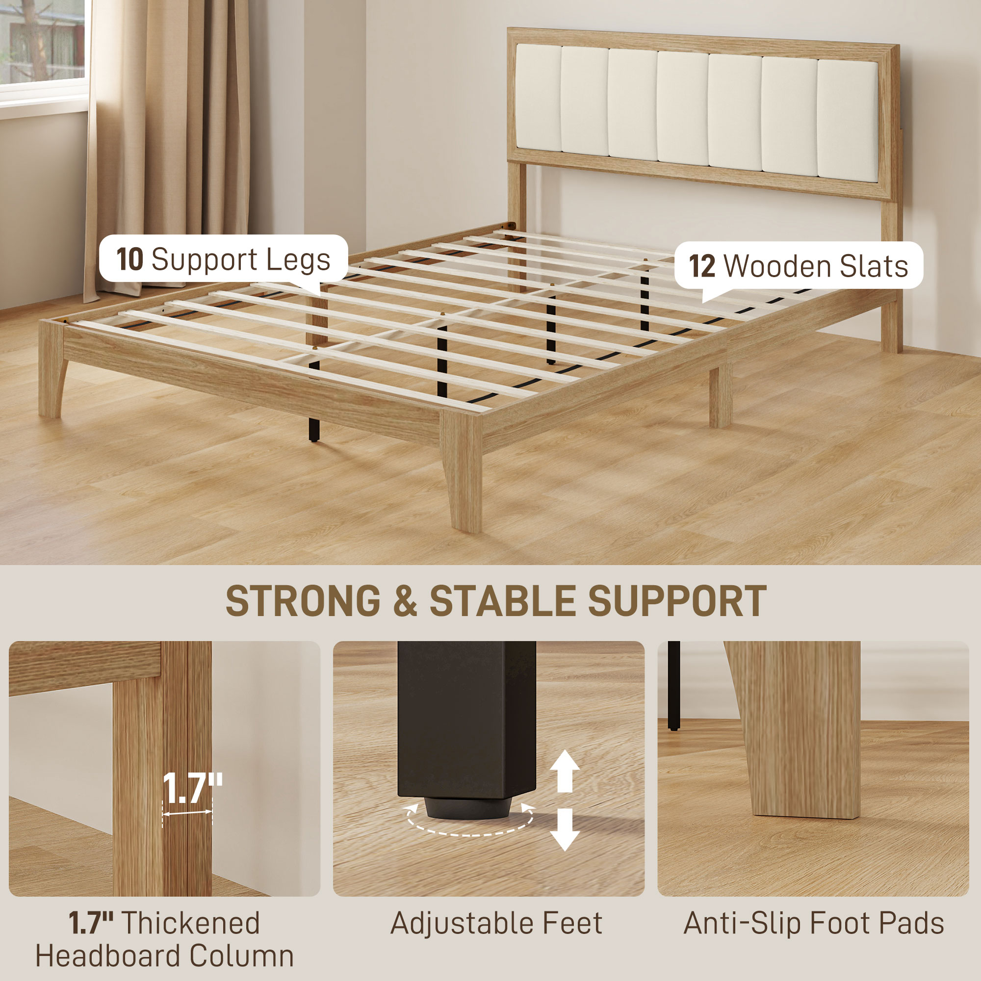 HOMCOM Queen Size Bed Frame with Headboard Queen Platform Bed Frame with Wooden Slats No Box Spring Needed Easy Assembly Oak 4