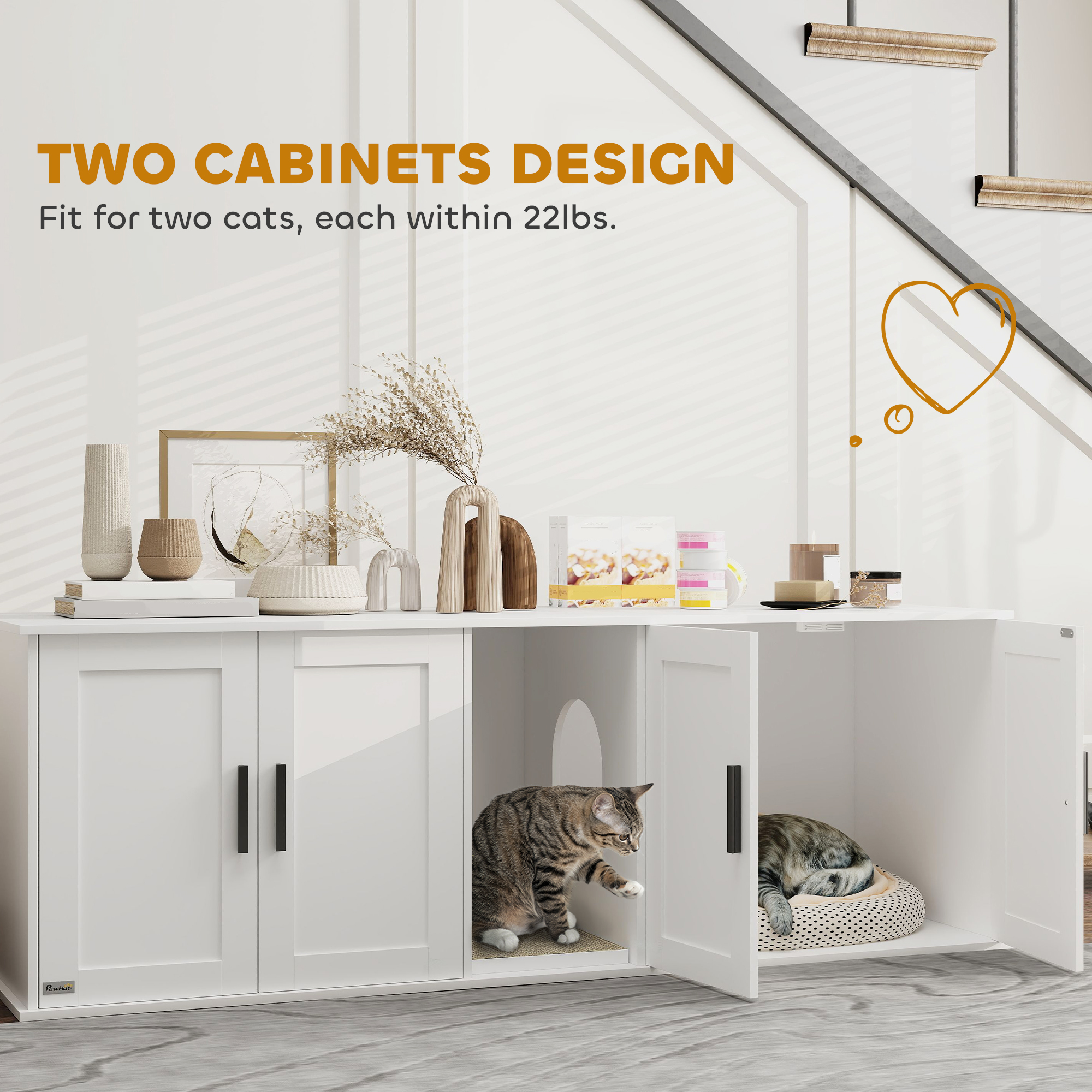 PawHut Cat Litter Box Enclosure with Double Room, Scratching Mat for 2 Cats,  57" x 19" x 20", White | Aosom.com