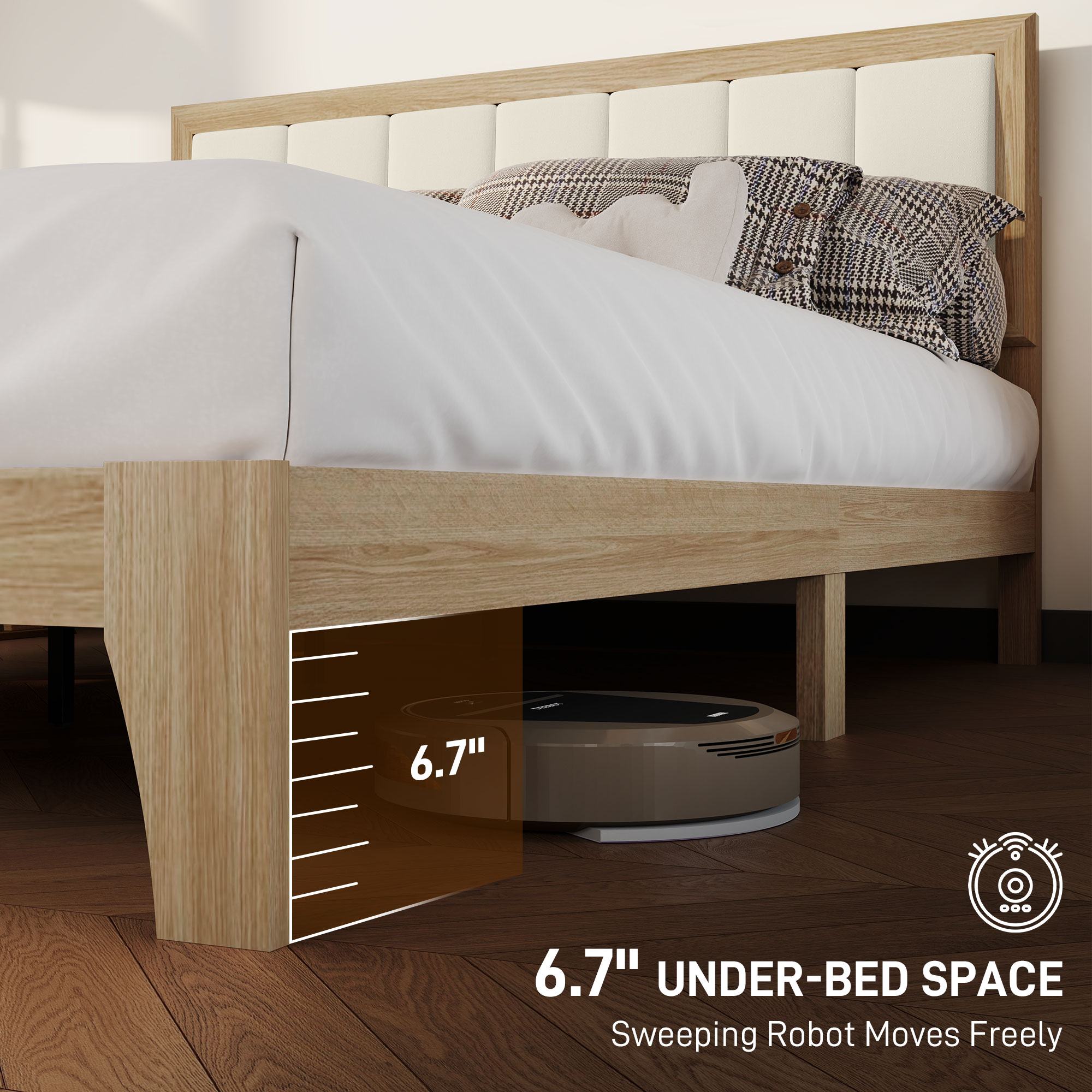 HOMCOM Queen Size Bed Frame with Headboard Queen Platform Bed Frame with Wooden Slats No Box Spring Needed Easy Assembly Oak 3