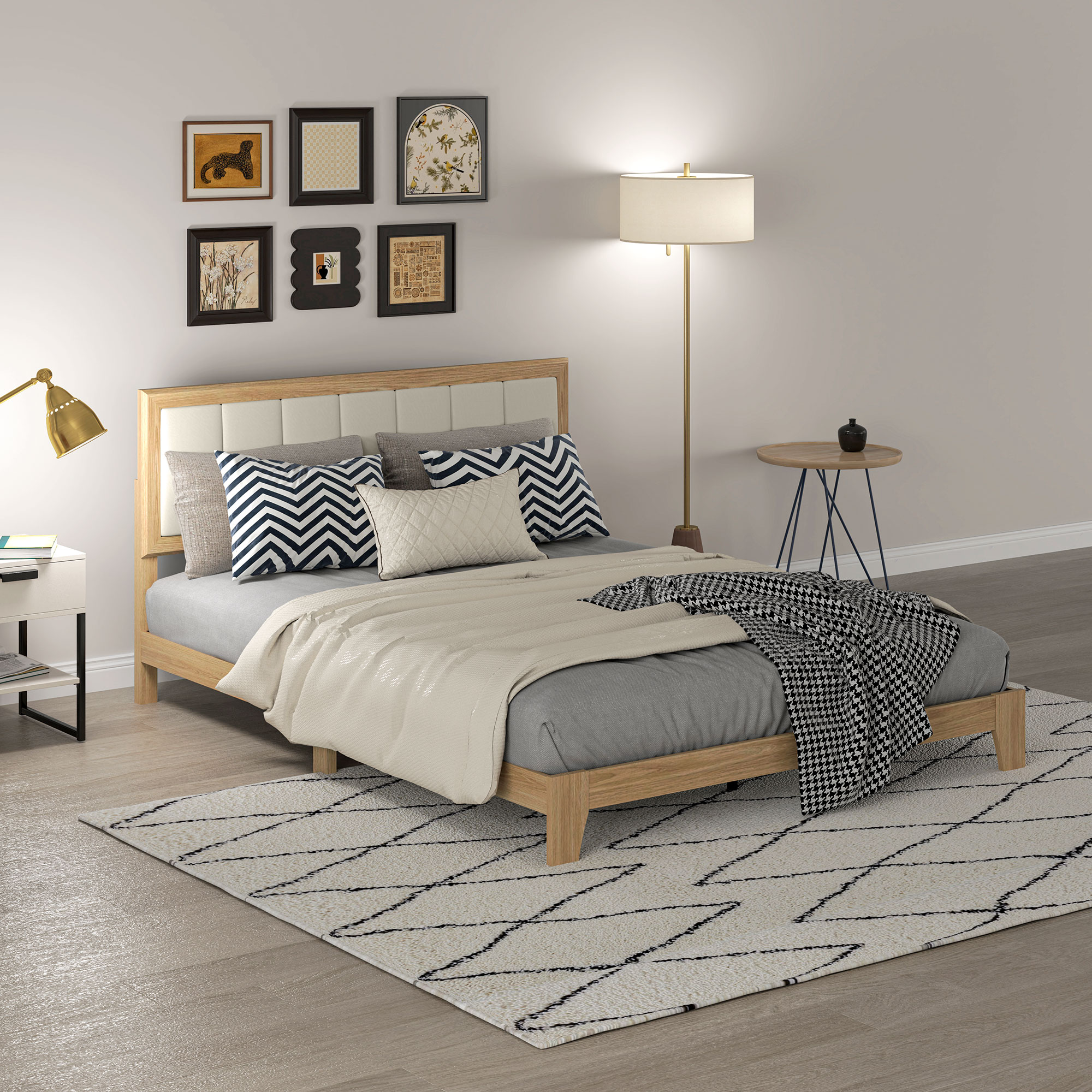 HOMCOM Queen Size Bed Frame with Headboard Queen Platform Bed Frame with Wooden Slats No Box Spring Needed Easy Assembly Oak 7