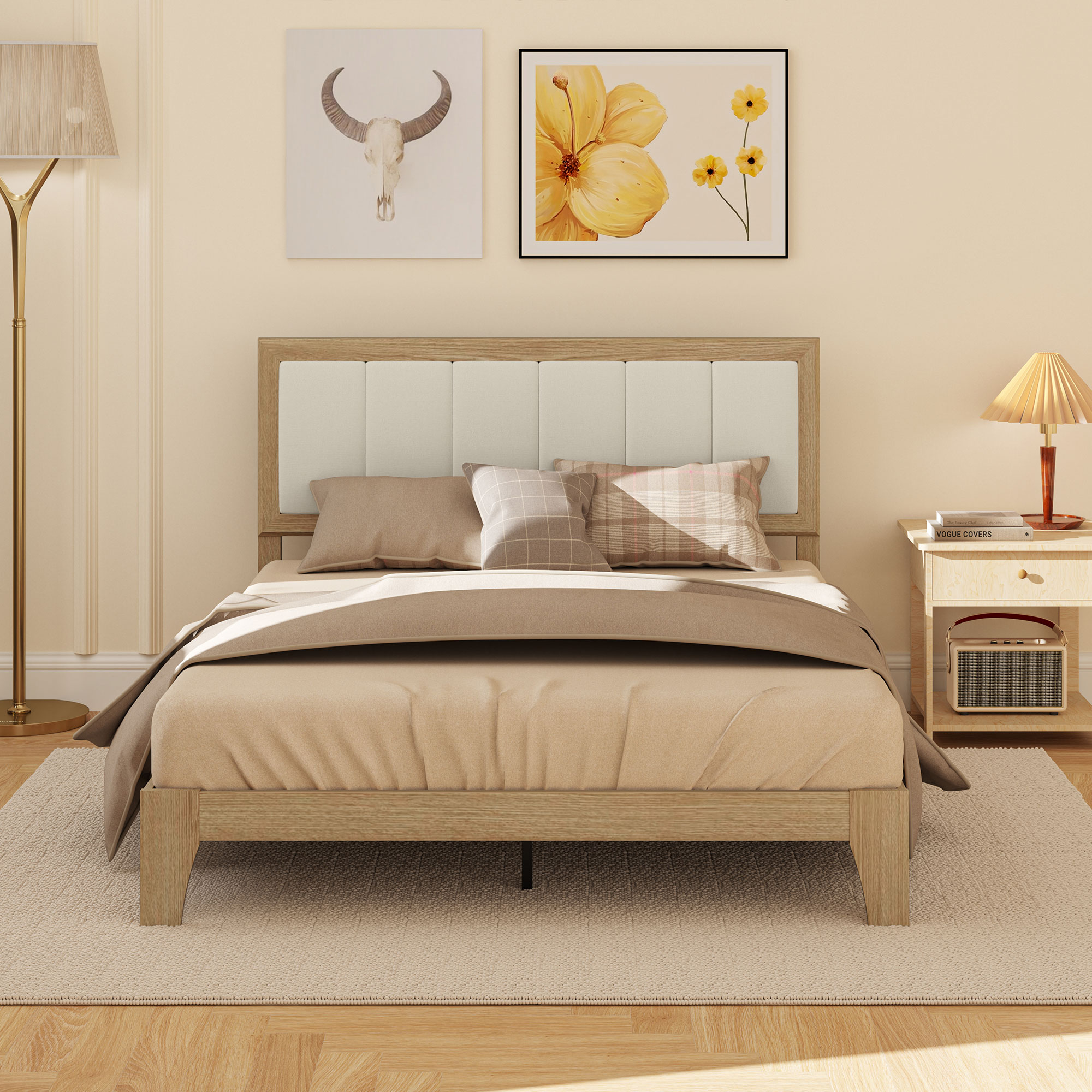 HOMCOM Full Bed Frame with Headboard Full Size Platform Bed Frame with Wooden Slats No Box Spring Needed Easy Assembly Oak 5