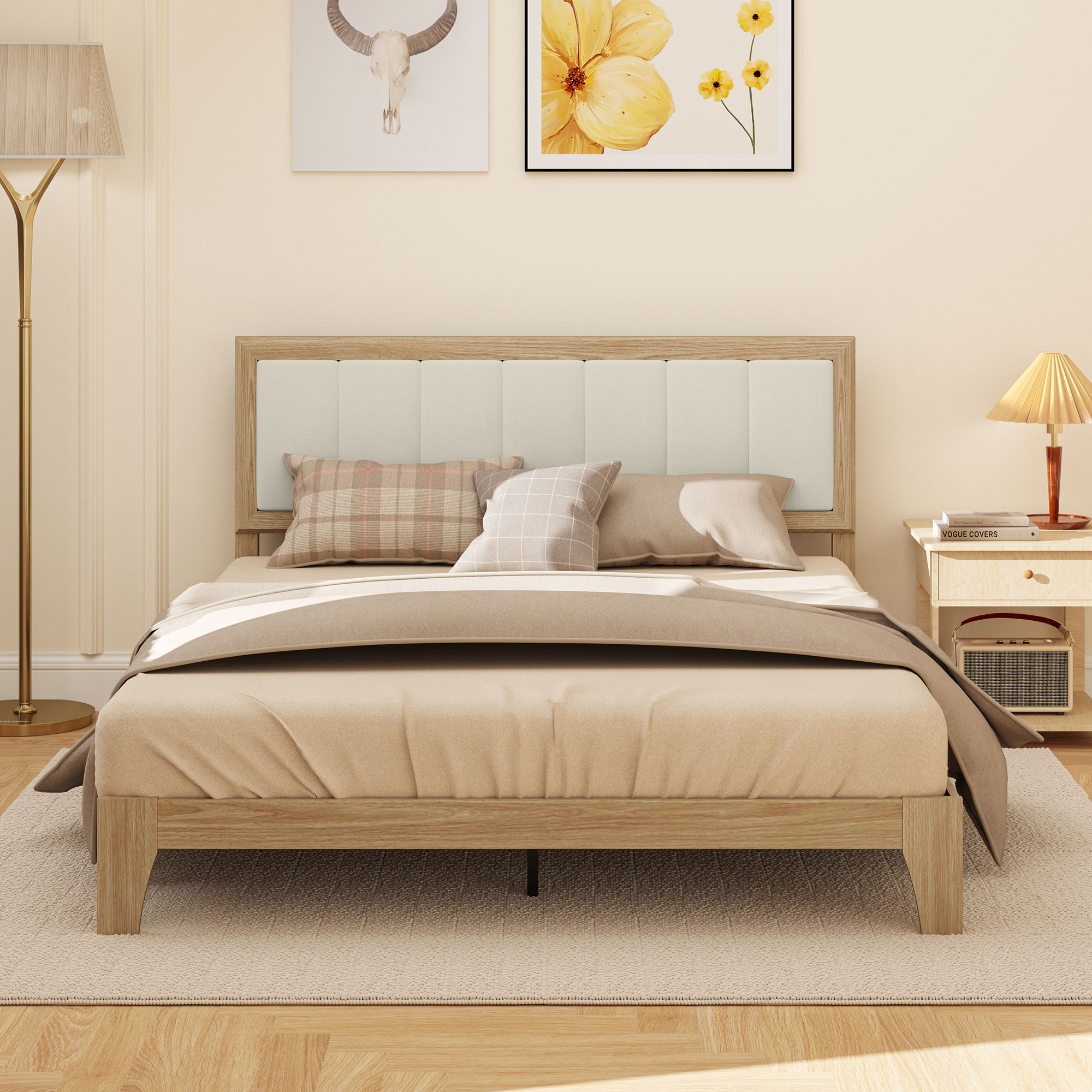 HOMCOM Queen Size Bed Frame with Headboard Queen Platform Bed Frame with Wooden Slats No Box Spring Needed Easy Assembly Oak 5