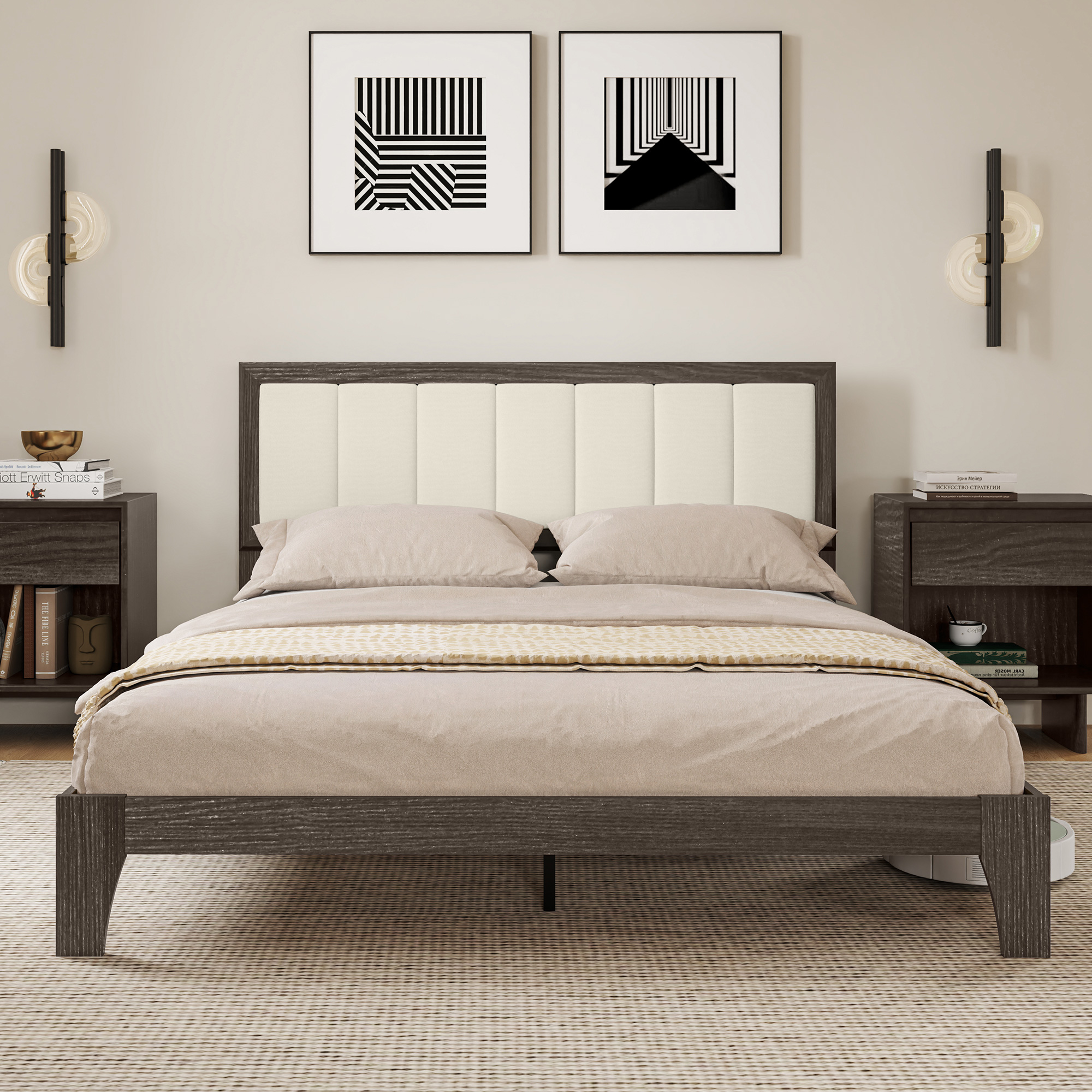 HOMCOM Queen Size Bed Frame with Headboard Queen Platform Bed Frame with Wooden Slats No Box Spring Needed Easy Assembly Walnut 0
