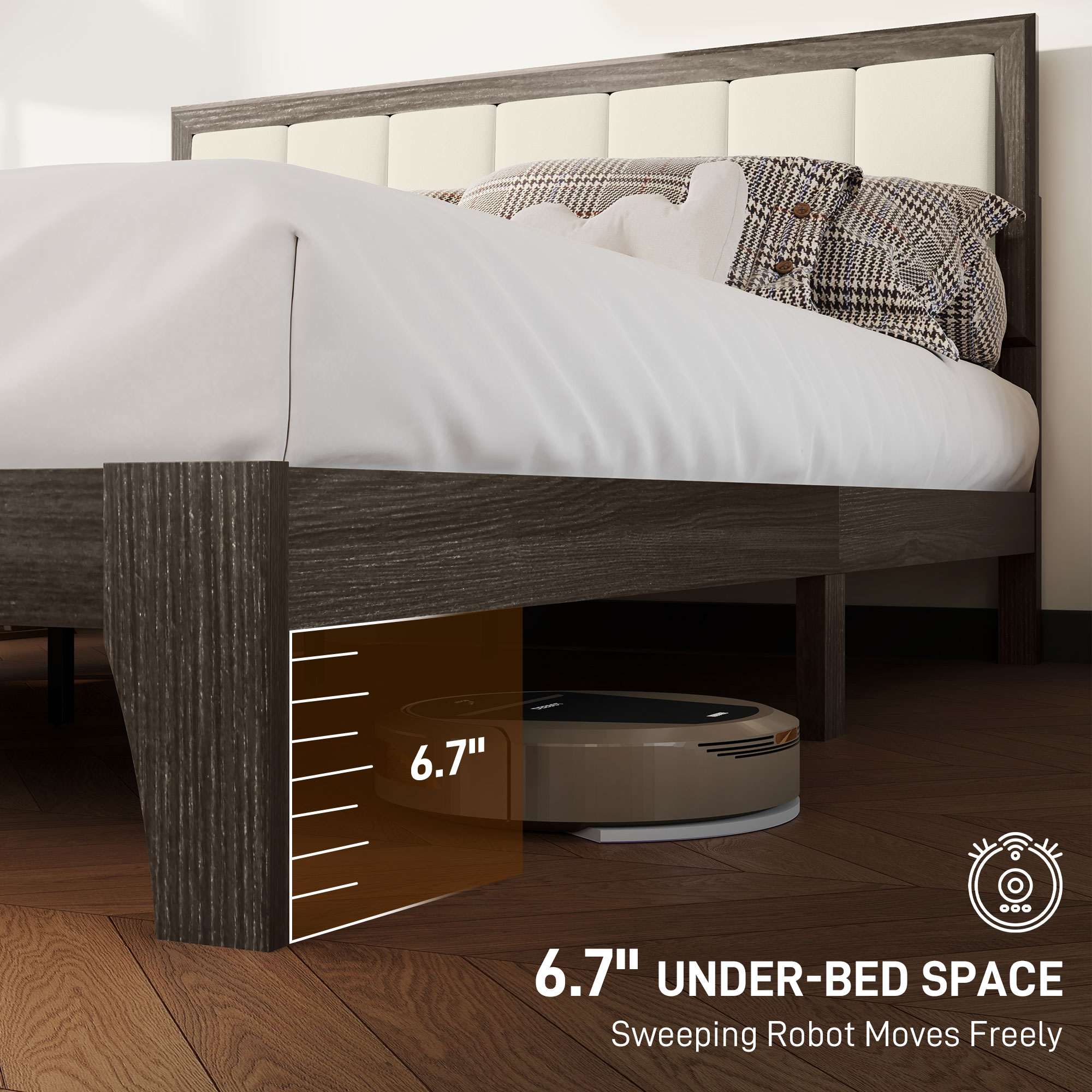 HOMCOM Queen Size Bed Frame with Headboard Queen Platform Bed Frame with Wooden Slats No Box Spring Needed Easy Assembly Walnut 3