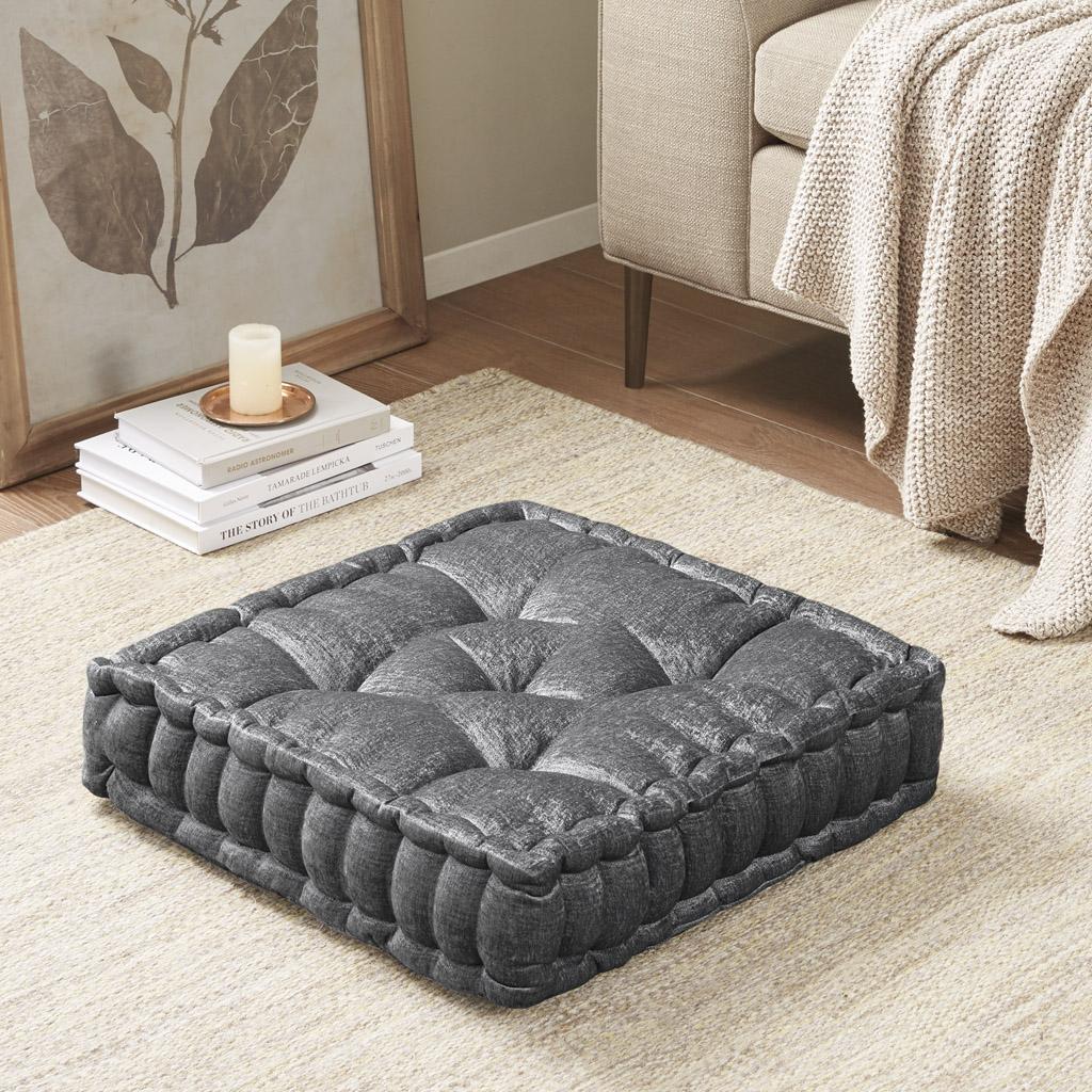 Textured Poly Chenille Square Floor Pillow Cushion with Tufted Detailing, Scalloped Edge, Hypoallergenic Polyester, 20" L x 20" W x 5" H, Charcoal