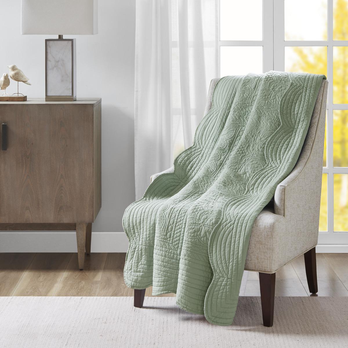 Oversized Quilted Throw with Microfiber, Cotton Filling, Scalloped Edges, Machine Washable Blanket for Any Couch, 72" L x 60" W x 0.25" H, Seafoam