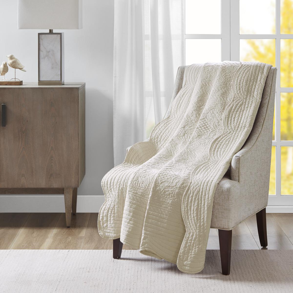 Oversized Quilted Throw with Scalloped Edges, Microfiber Face, Cotton Filled Blanket for Living Room, Bedroom, 72" L x 60" W x 0.25" H, Cream