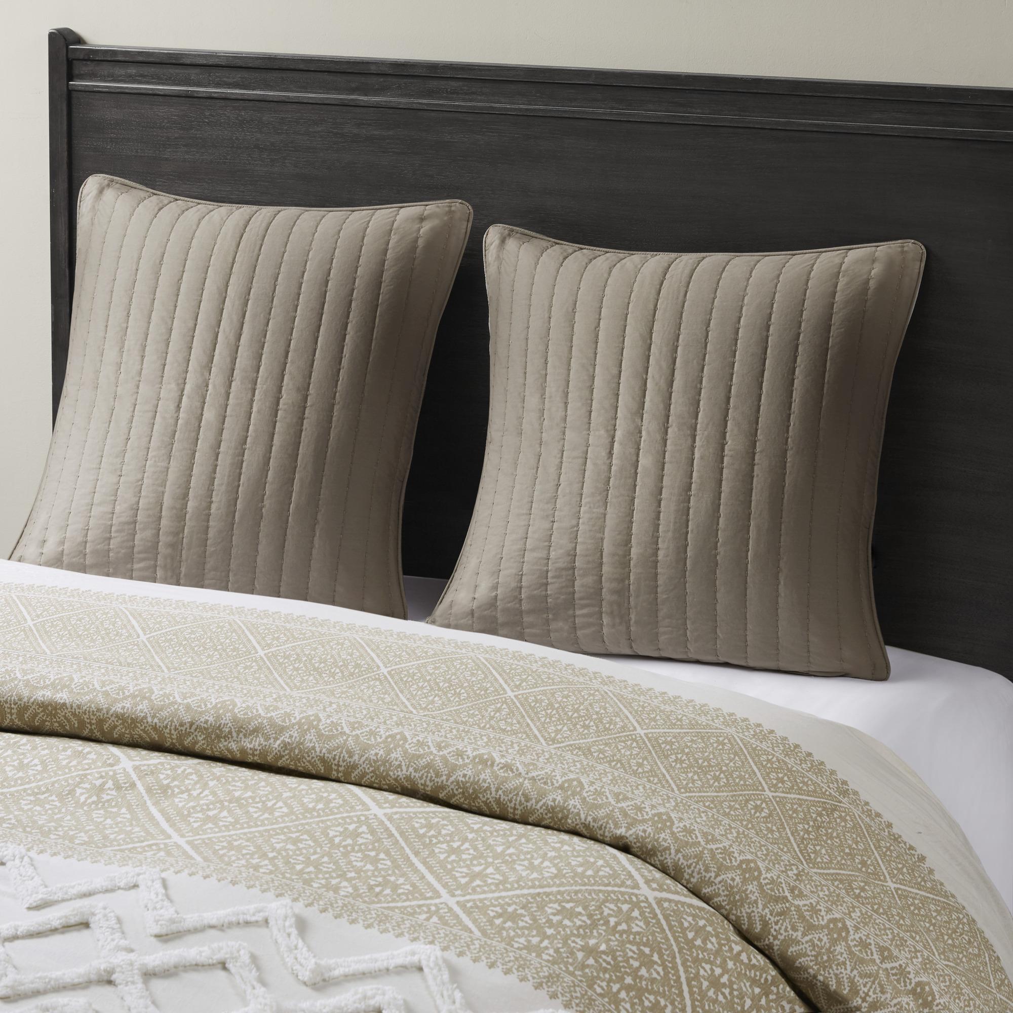 Embroidered Cotton Quilted Euro Sham with Hidden Zipper, Machine Washable Farmhouse Style Pillow Cover, 26" L x 26" W x 0.25" H, Taupe