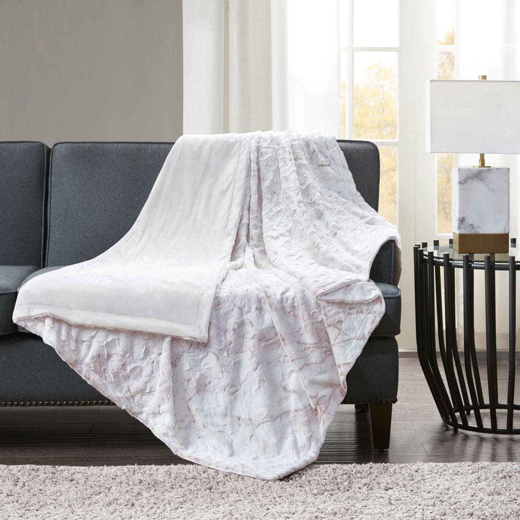 Luxuriously Soft Oversized Faux Fur Throw Blanket with Marble Print, Faux Mink Reverse, Machine Washable, 70" L x 60" W x 0.25" H, Blush