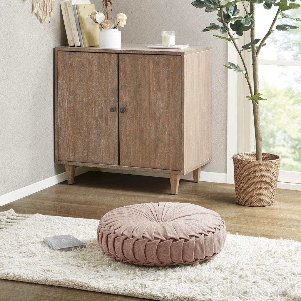 Poly Chenille Round Floor Pillow Cushion with Textured Fabric, Tufted Button Center, Pleated Detailing, 22" L x 22" W x 6" H, Blush