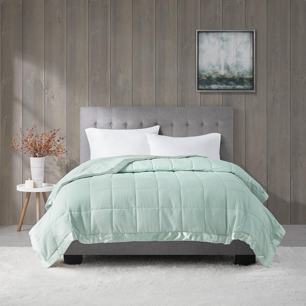 King Size Lightweight Down Alternative Blanket with Satin Trim, OEKO-TEX Certified, Machine Washable, 108" L x 90" W x 0.25" H, Seafoam