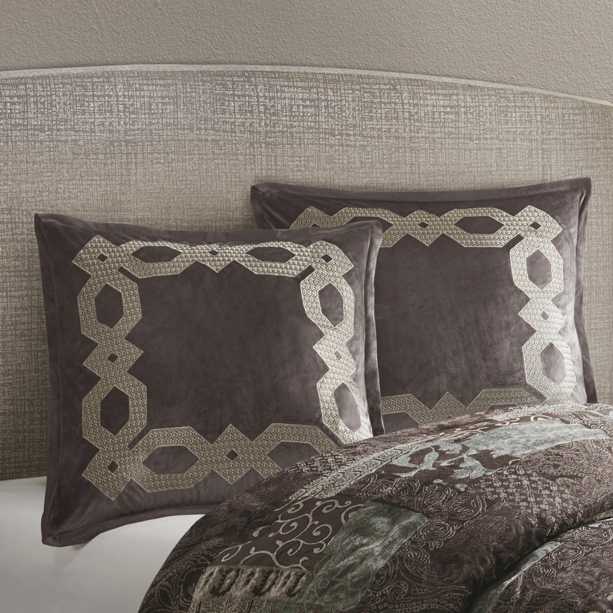 Geometric Velvet European Pillow Sham with Metallic Embroidery, Hidden Zipper, Machine Washable, 26" L x 26" W x 0.13" H, Brown