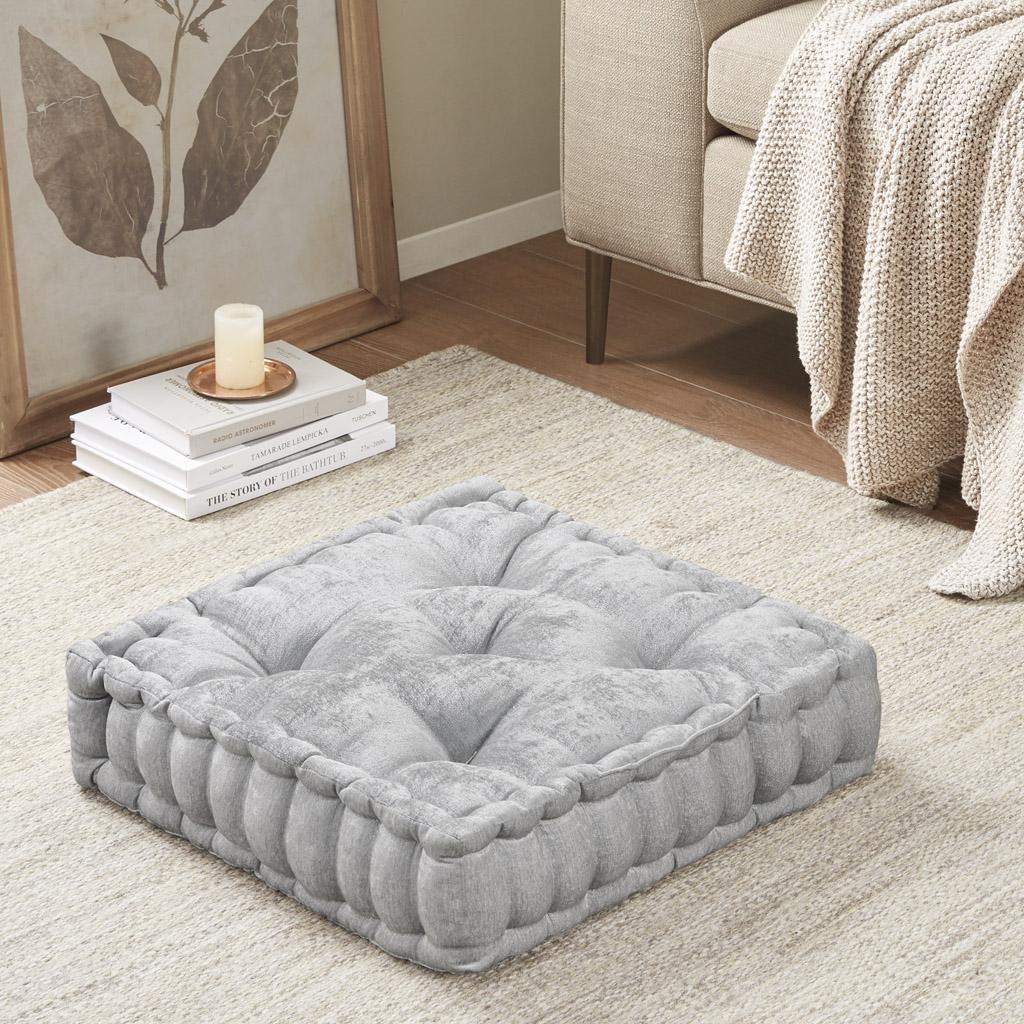 Poly Chenille Square Floor Pillow Cushion with Tufted Detailing, Scalloped Edge, Hypoallergenic 100% Polyester, 20" L x 20" W x 5" H, Gray