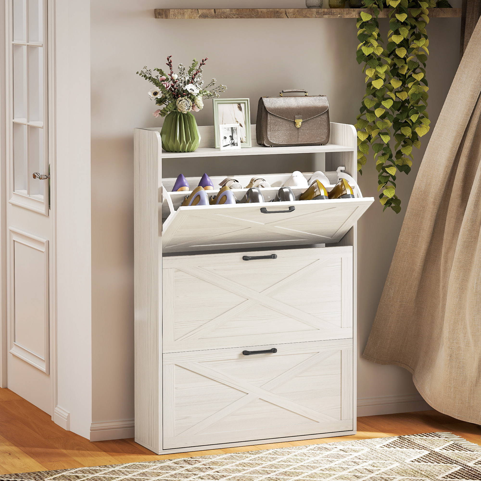 HOMCOM Narrow Shoe Storage Cabinet Farmhouse Shoe Cabinet with 3 Flip Drawers Adjustable Shelves for Entryway White Wood Grain Aosom Canada