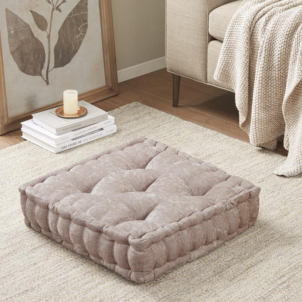 Chenille Square Floor Pillow with Tufted Detailing, Scalloped Edge Design, Textured Cushion for Home Decor, 20" L x 20" W x 5" H, Blush | Aosom.com