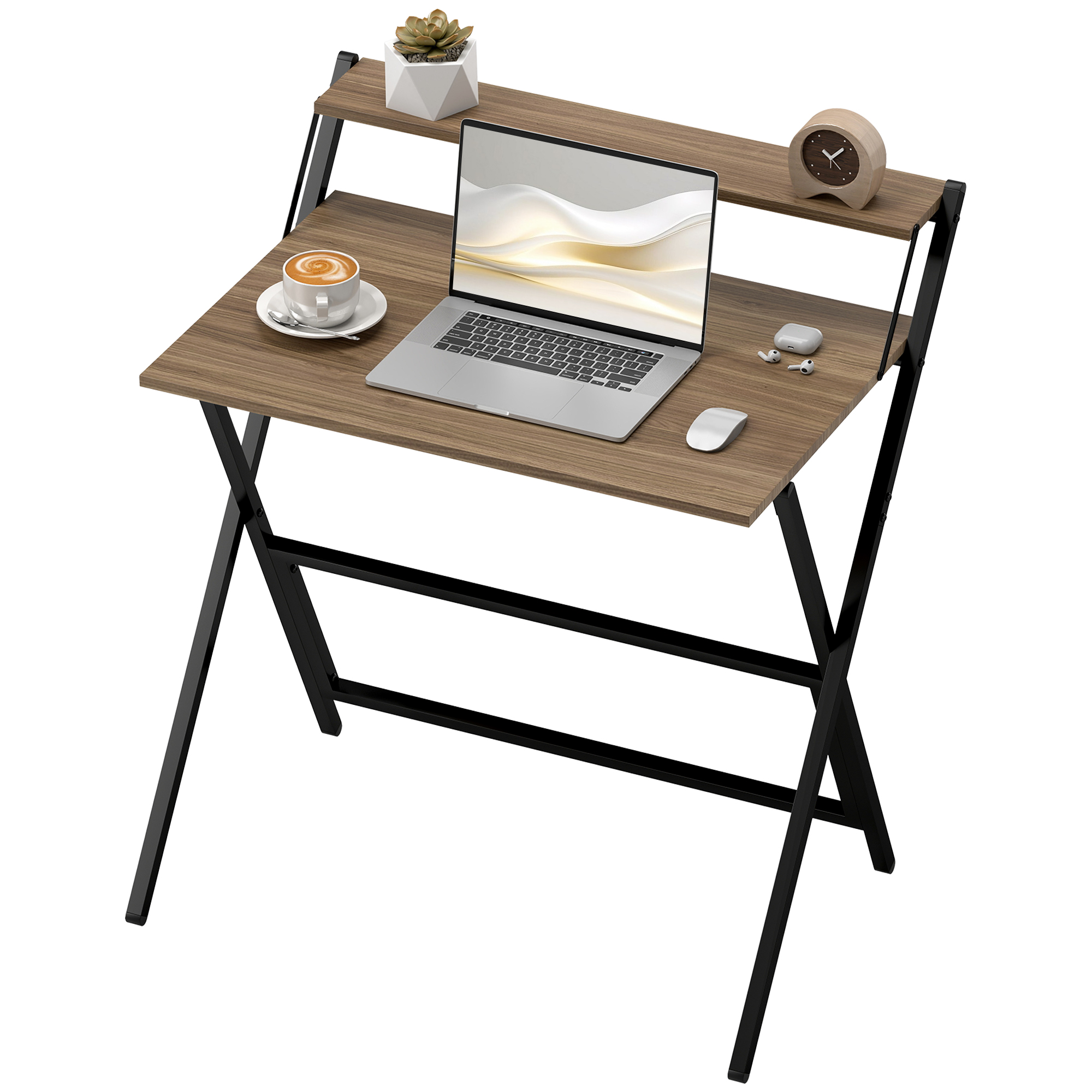 HOMCOM Folding Computer Desk, 32" Foldable Desk with Monitor Shelf for Small Space, Home Office, Study, Easy Assembly, Walnut