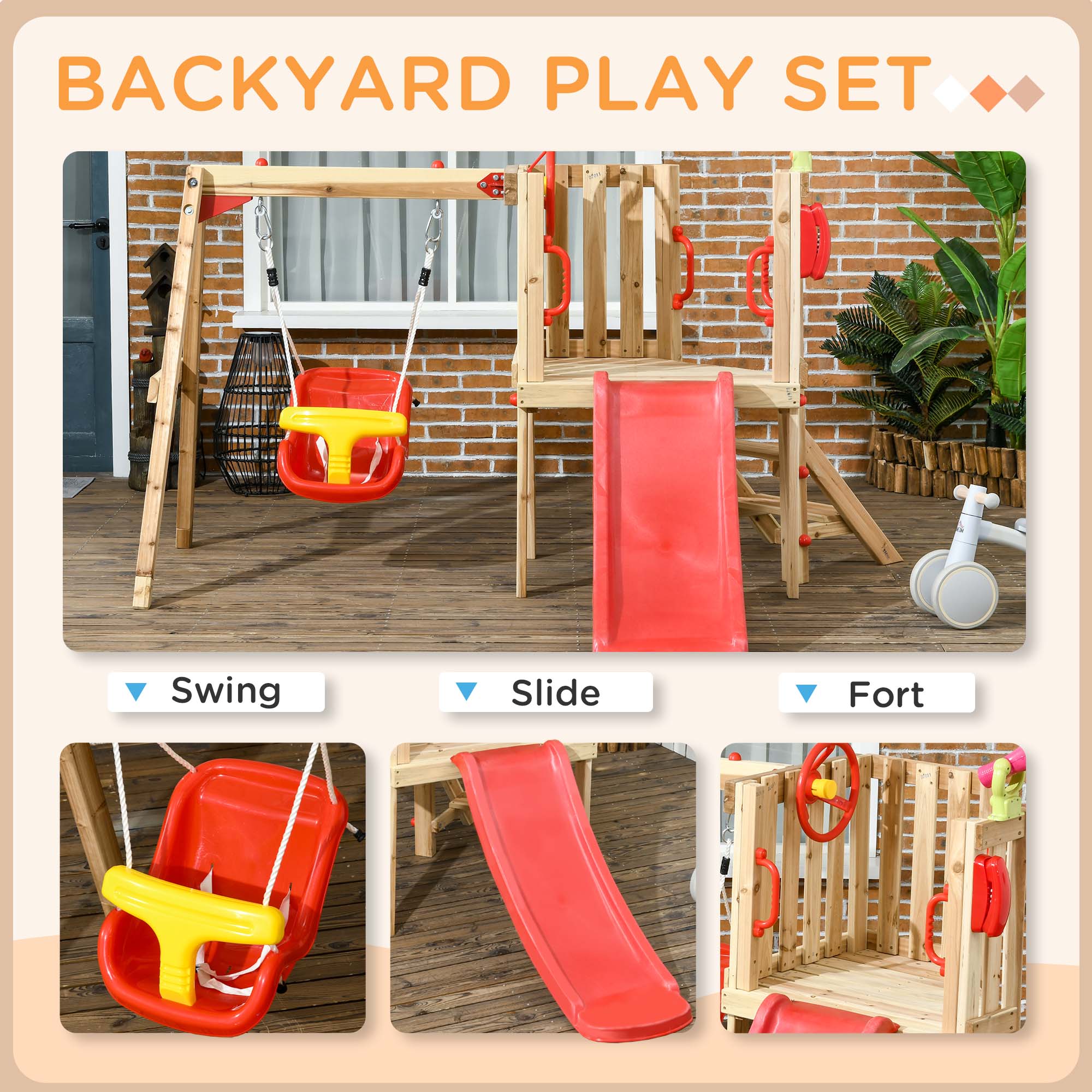 Outsunny 4-in-1 Wooden Swing Set with Swing, Slide, Horn, Steering