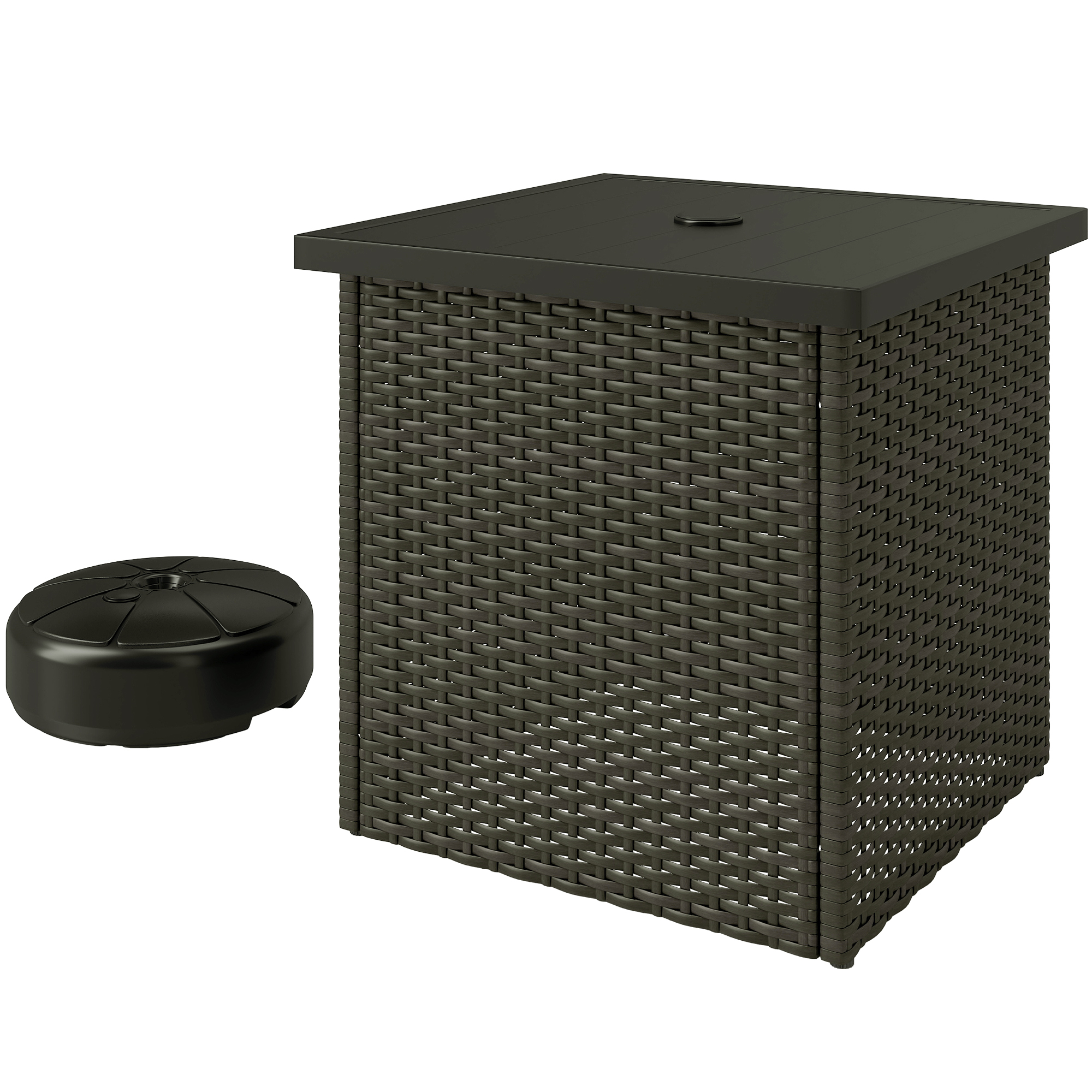 Outsunny Wicker Side Table with 1.5" Umbrella Hole, Square Outdoor End Table with UV-Resistant Frame, Storage Space, Mixed-Brown