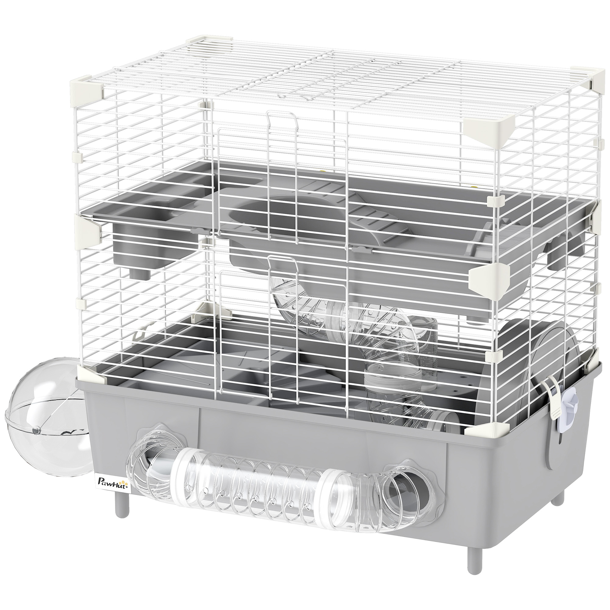 PawHut 2-Tier Hamster Cage with Sand Bathroom, Running Wheel, Water Bottle, Tubes, Accessories, for Dwarf Hamster, Gray