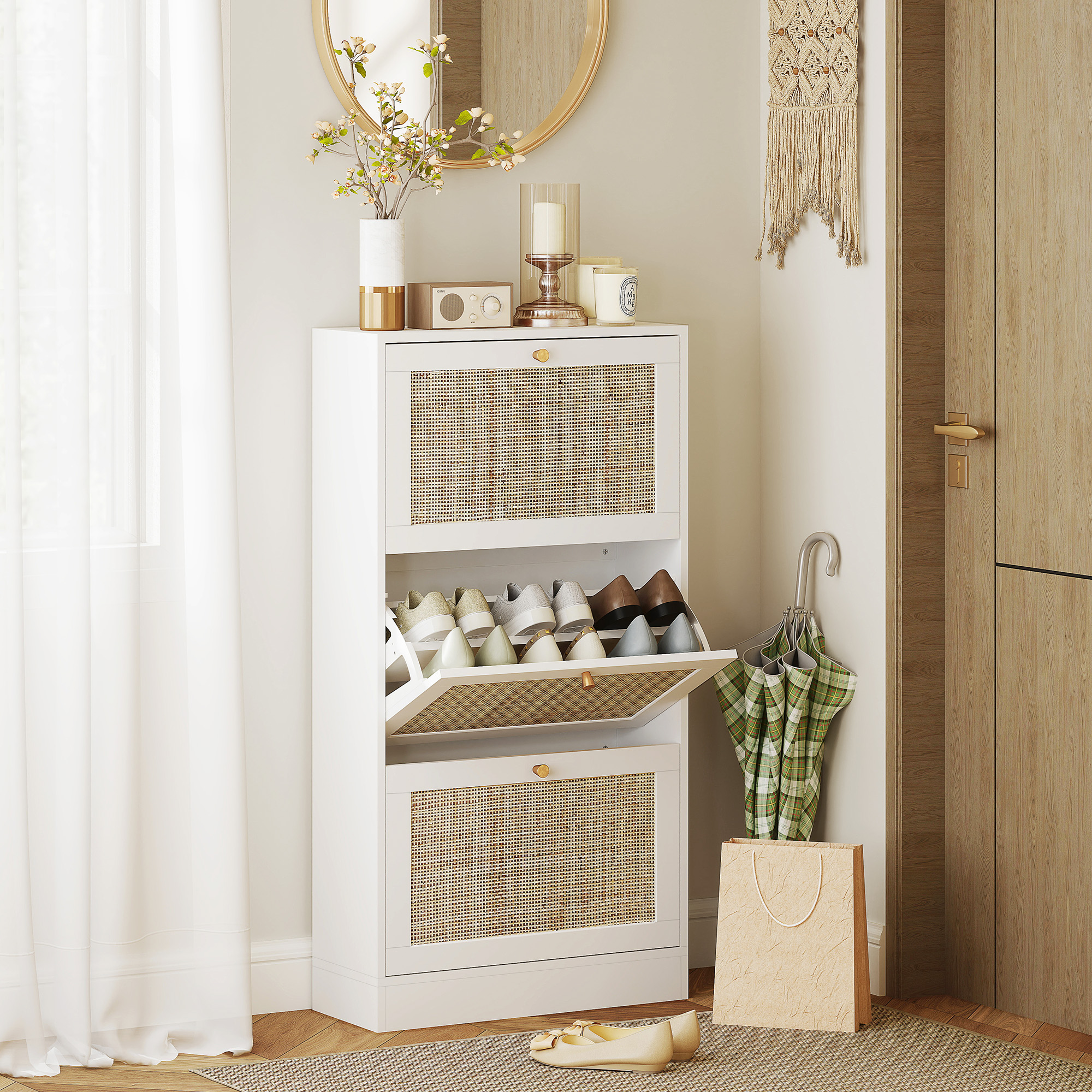 HOMCOM Rattan Shoe Storage Cabinet with 3 Flip Drawers and Adjustable Shelves, Entryway Shoe Cabinet for 18 Pairs, White Aosom Canada