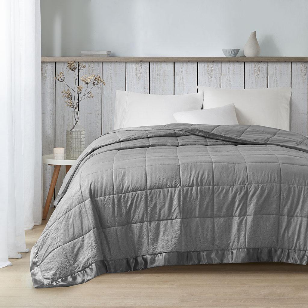 Hypoallergenic Oversized Down Alternative Blanket with Satin Trim, Embossed Texture, for Full and Queen Beds, 96" L x 90" W x 0.25" H, Charcoal