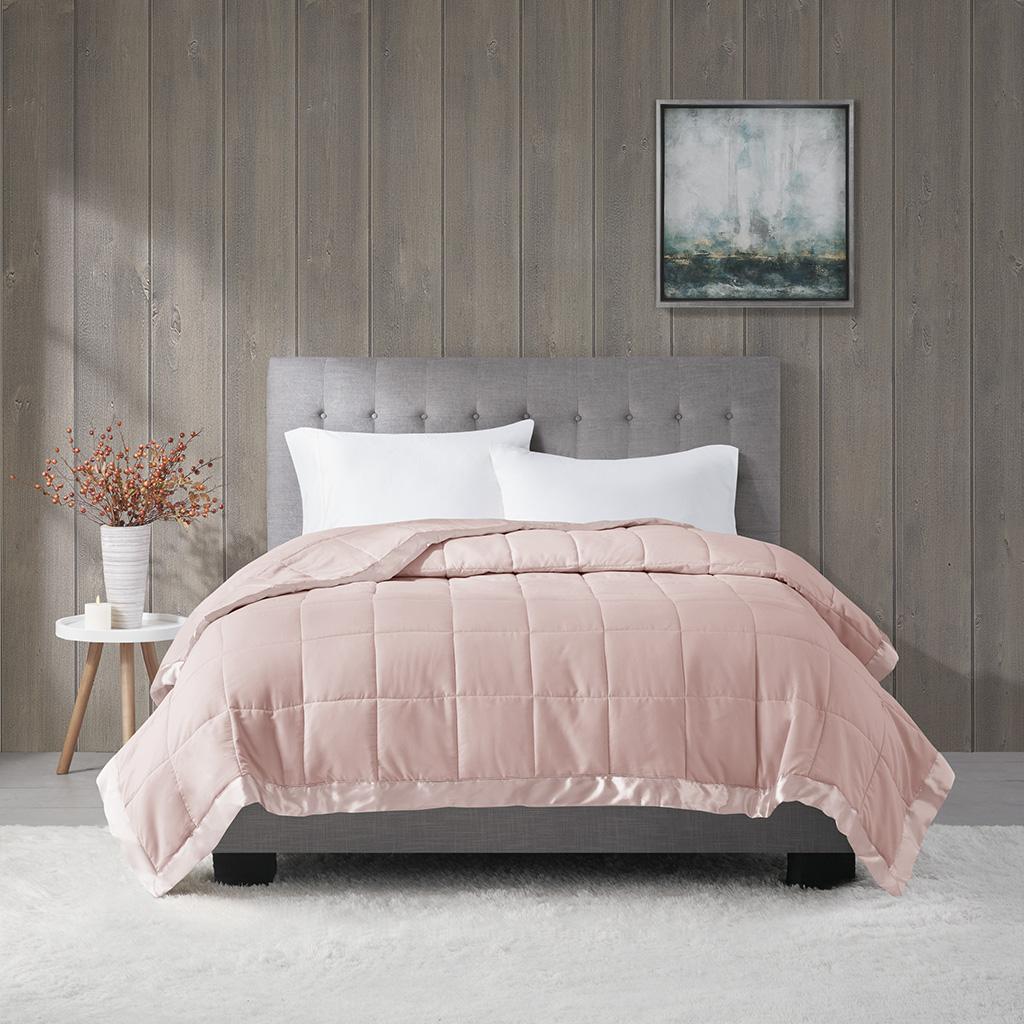 Twin Size Lightweight Down Alternative Blanket with Moisture-Wicking, Satin Trim, Hypoallergenic Polyester, 90" L x 68" W x 0.25" H, Blush