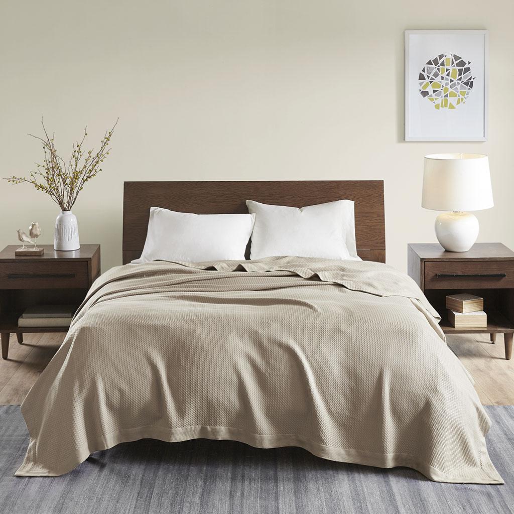 Machine Washable Egyptian Cotton Blanket with Breathable Weave, OEKO-TEX Certified, Ideal for Any Bedroom, 90" L x 66" W x 0.25" H, Khaki