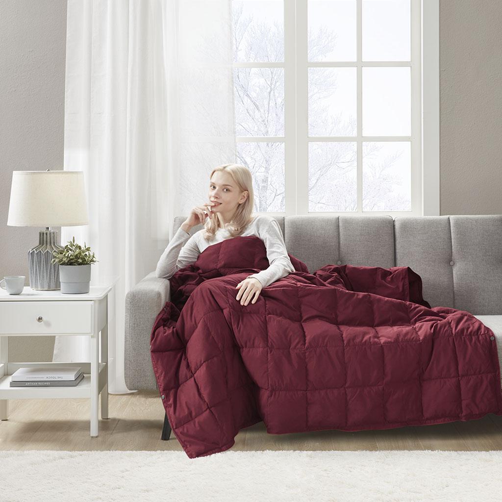 Wearable Multipurpose Throw with Goose Feather, Down Filling, Water-Repellent Microfiber, Machine Washable, 68" L x 62" W x 0.25" H, Red