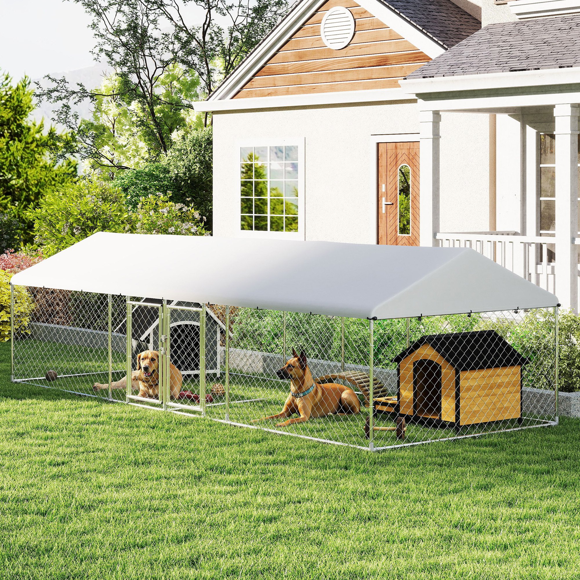 PawHut Two Room Outdoor Dog Kennel, Dog Run with Roof