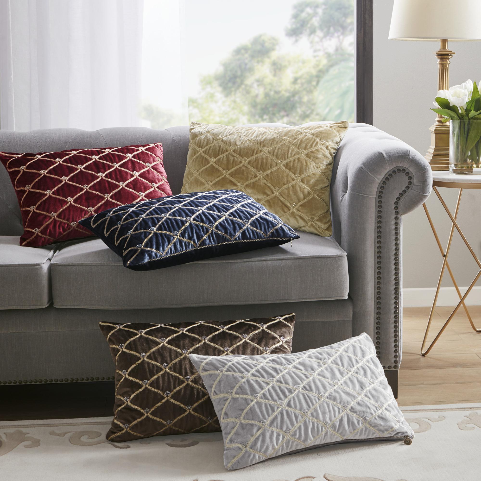 Oblong Decor Pillow with Hand-Beaded Velvet Cover, Removable Goose Feather Insert, Ideal for Sofa, Bed, 22" L x 15" W x 5" H, Navy | Aosom.com