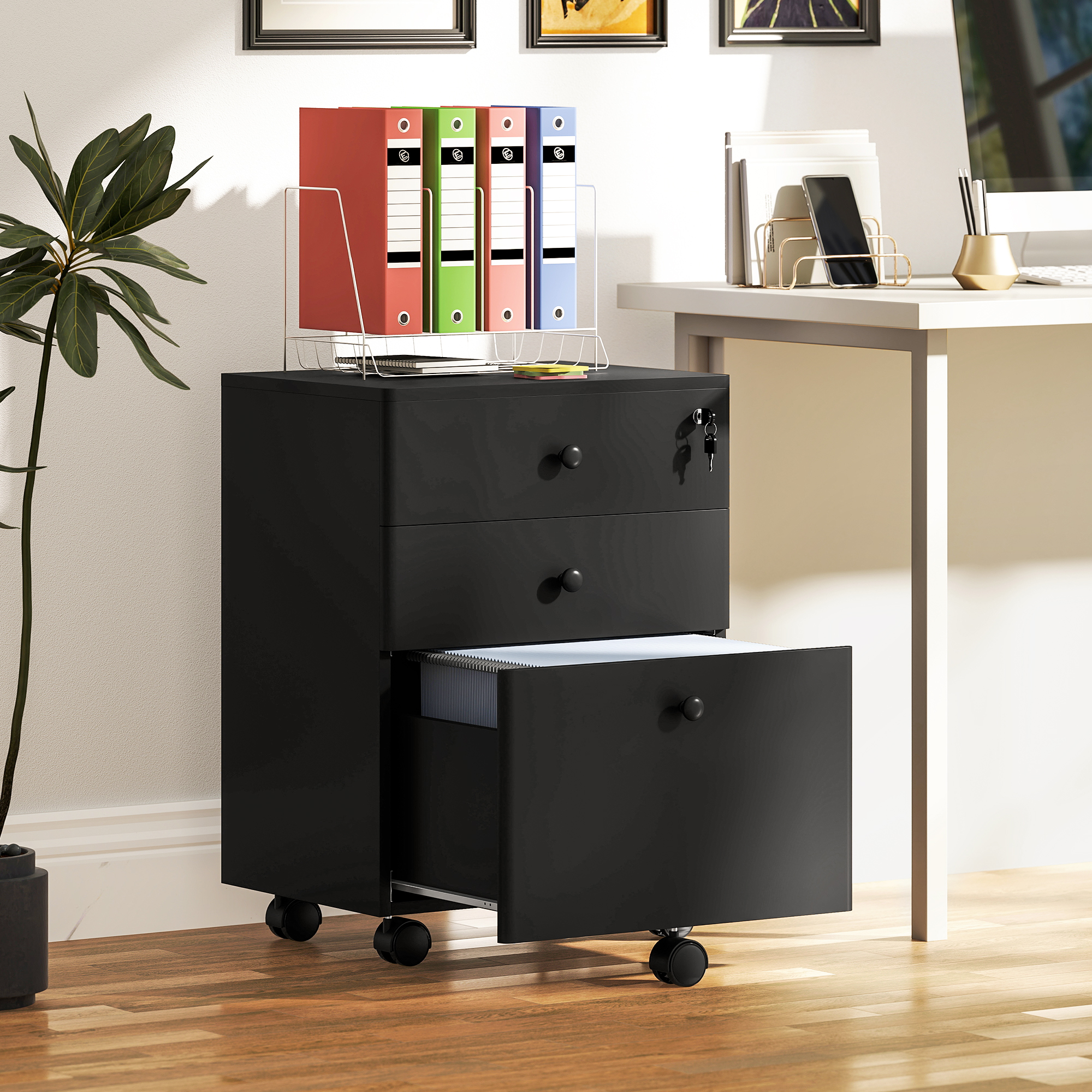 HOMCOM 3-Drawer Small Filing Cabinet with Lock, Vertical Office Storage Cabinet with Wheels for Home Office, Black | Aosom Canada