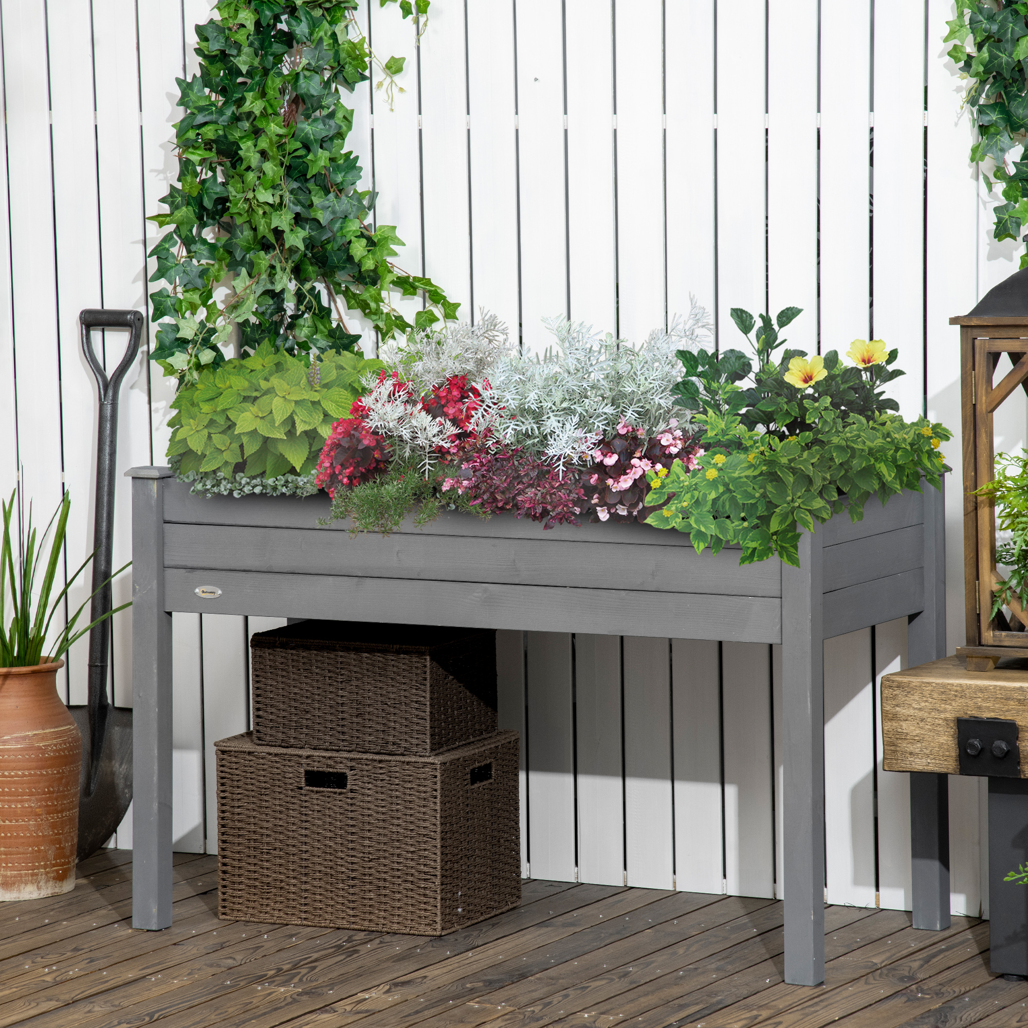 Outsunny 48" x 22" x 30" Wooden Patio Raised Garden Bed Planter, Elevated Planter Box with Legs, Outdoor Flower Stand with Inner Bag, Dark Grey Aosom Canada
