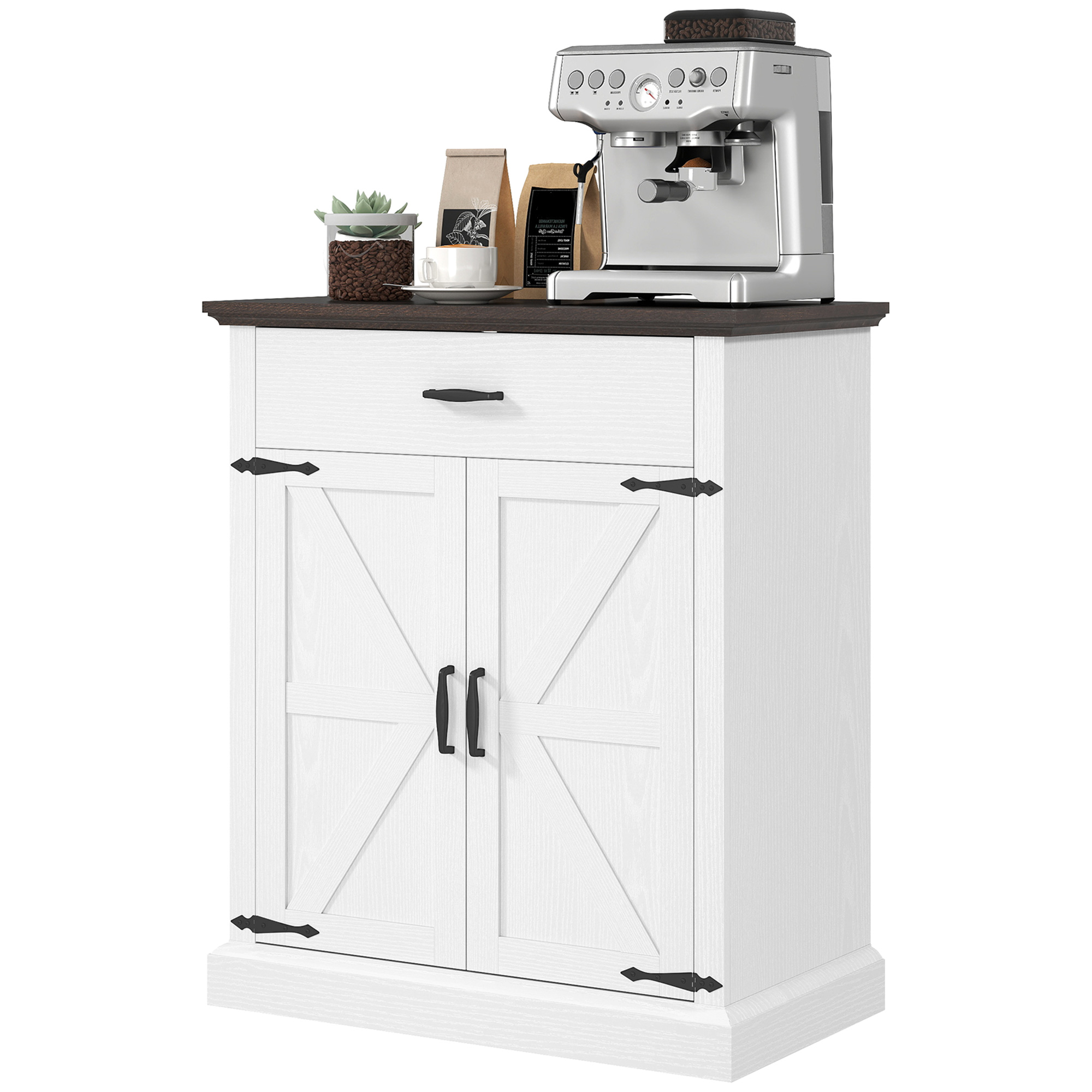 Farmhouse Sideboard with 1.2" Thick Top, 30" Buffet Organizer Unit, 2 Barn Doors, Organizer Drawer and Adjustable-Height Shelving, White 1