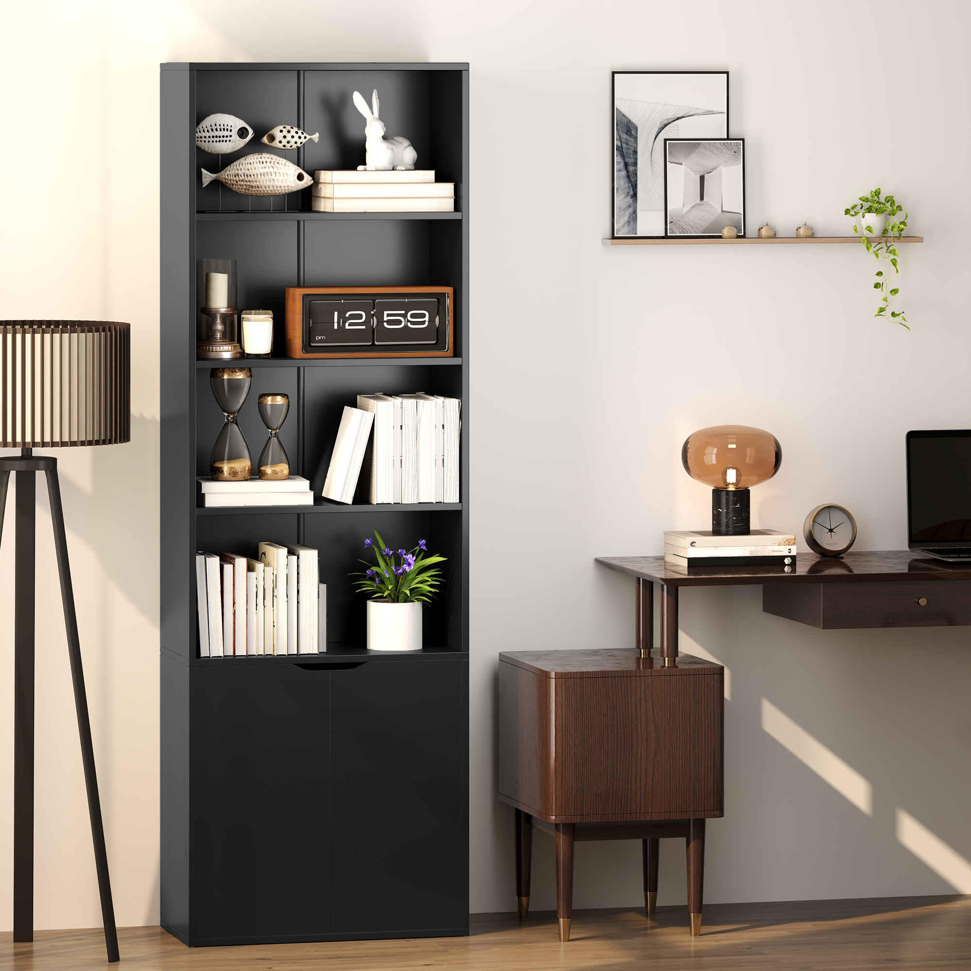HOMCOM 4-Tier Open Bookshelf with Doors Modern Home Office Bookcase ...