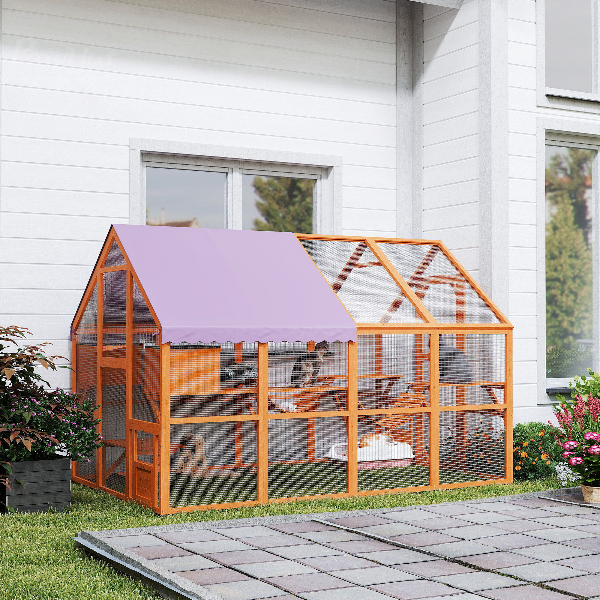 PawHut Outdoor Cat Enclosure Wooden Feral Cat House w/ Weatherproof Canopy, Bridges, Resting Boxes, Platforms, for 3-6 Cats | Aosom Canada