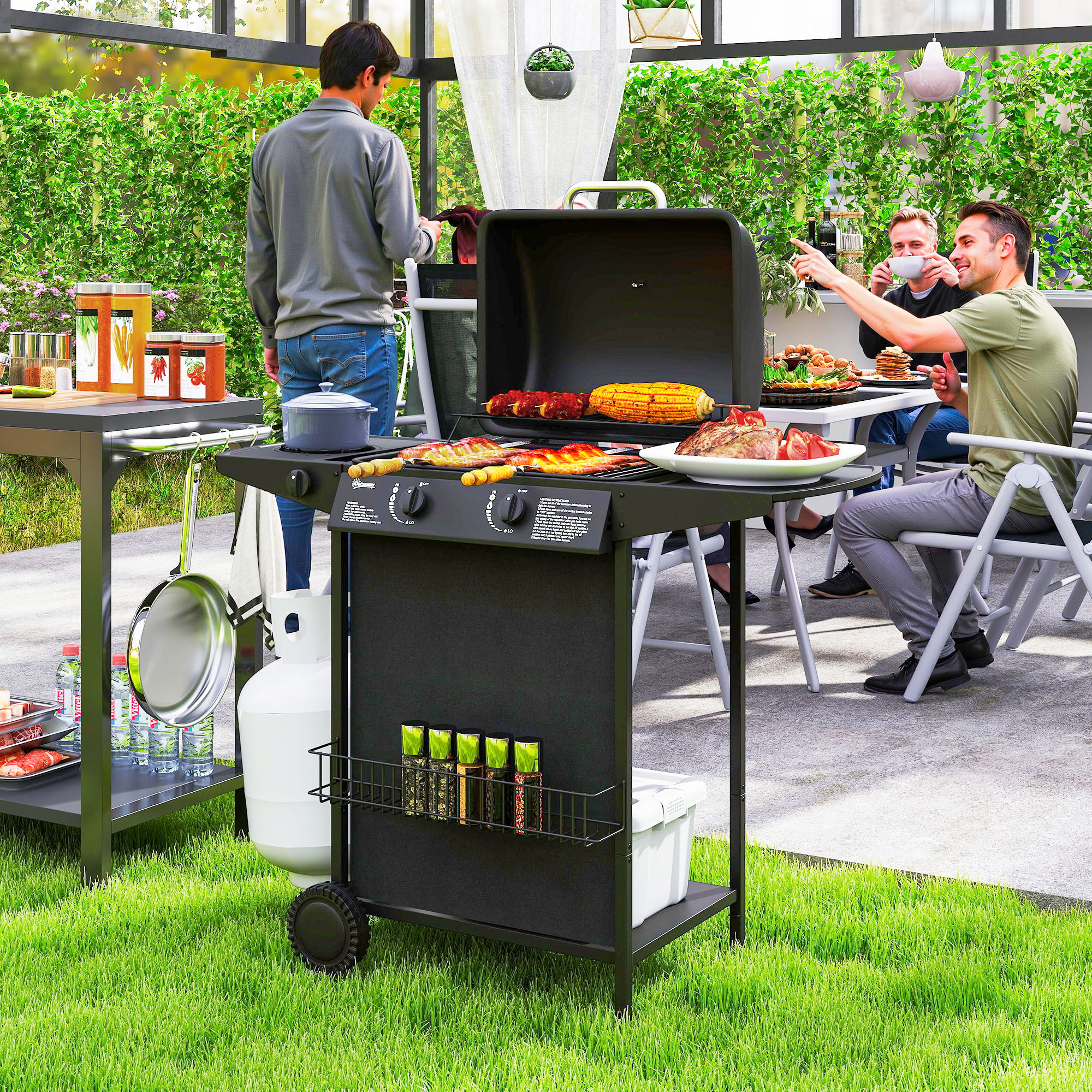 Outsunny 2+1 Burner Propane Gas BBQ Grill, Portable Gas