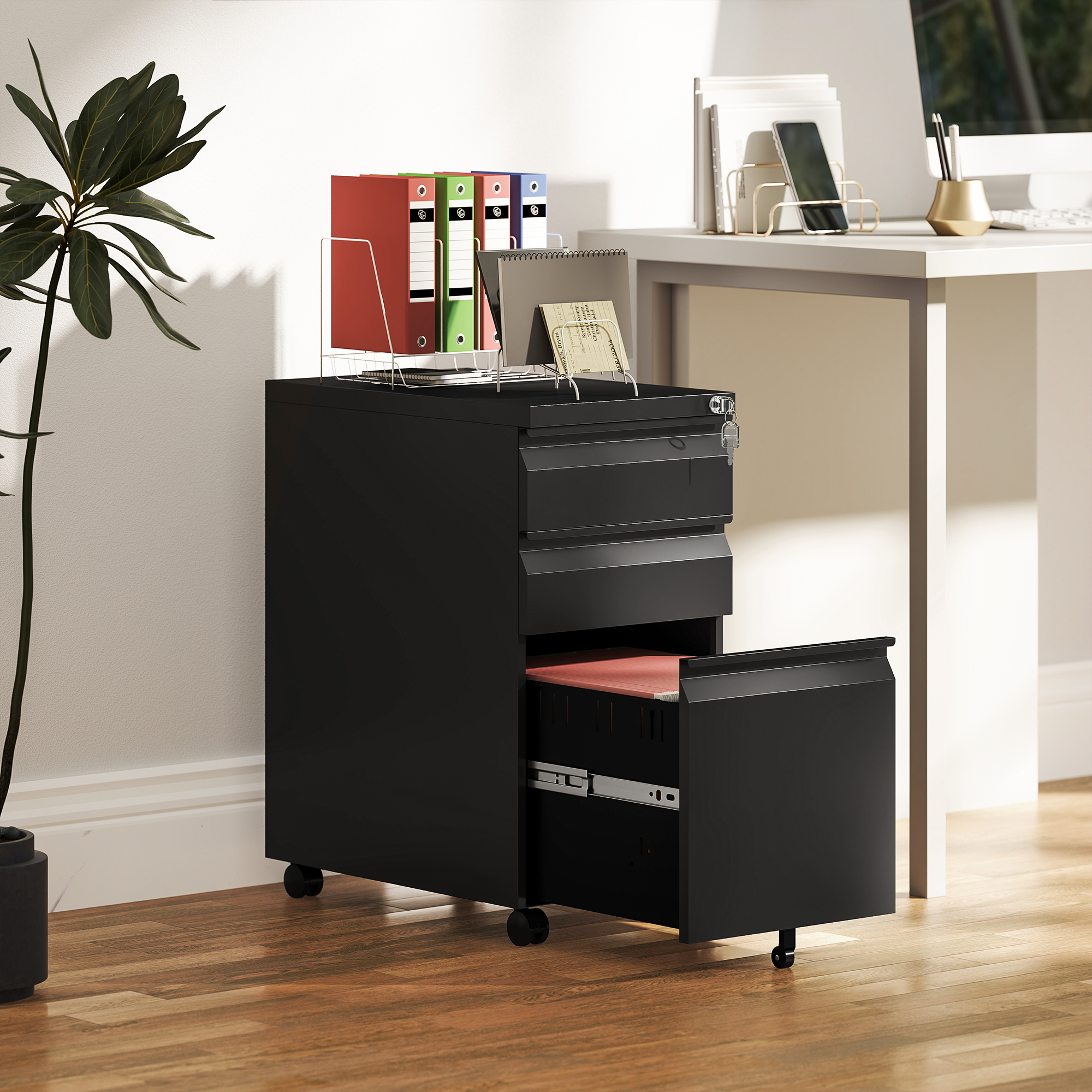 Vinsetto 3 Drawer Filing Cabinet with Lock, Steel Office Storage Cabinet with Hanging Bar for A4, Legal, Letter Files, Black Aosom Canada
