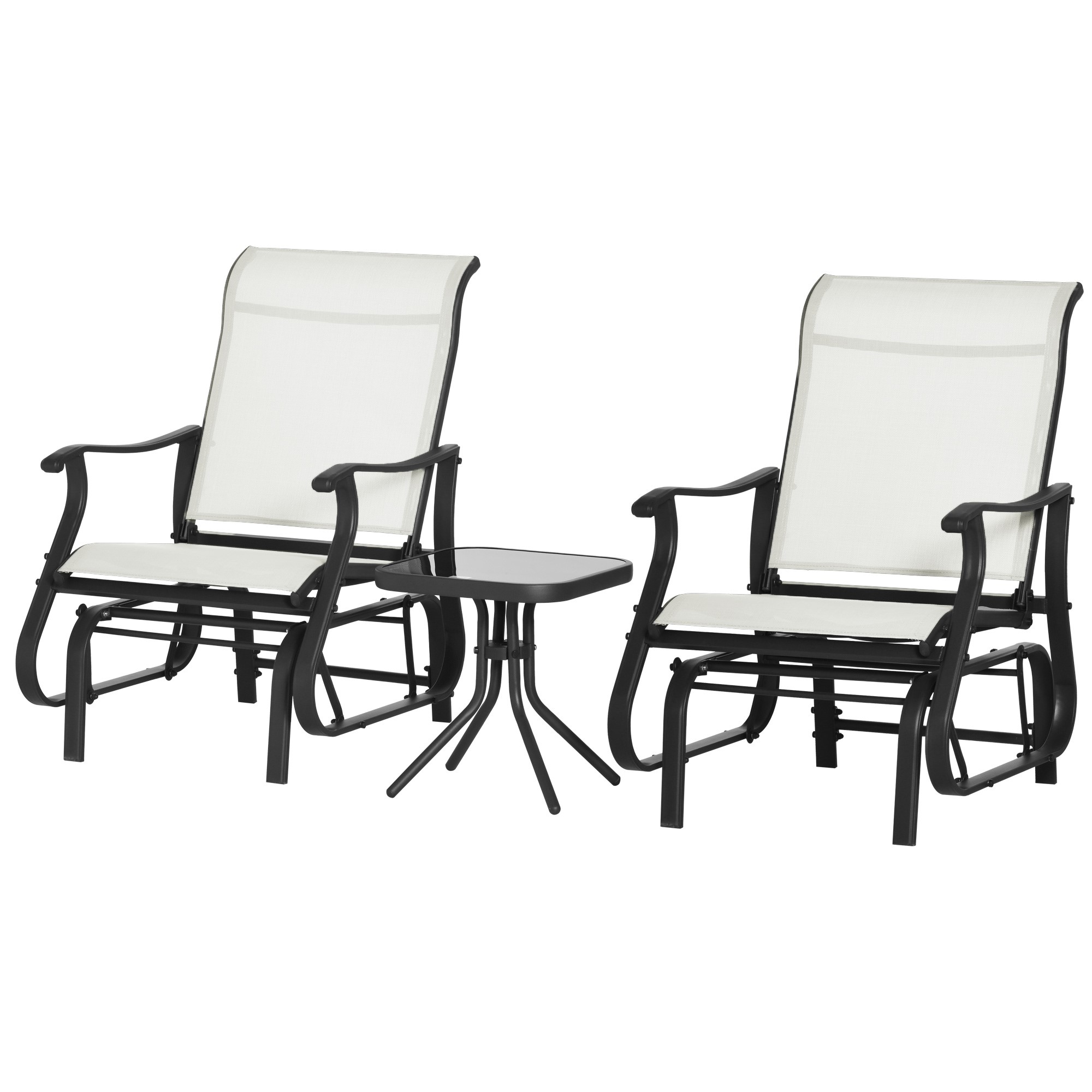 Outsunny 3-Piece Outdoor Gliders Set Bistro Set with Steel Frame, Tempered Glass Top Table for Patio, Garden, Backyard, Lawn, Cream White