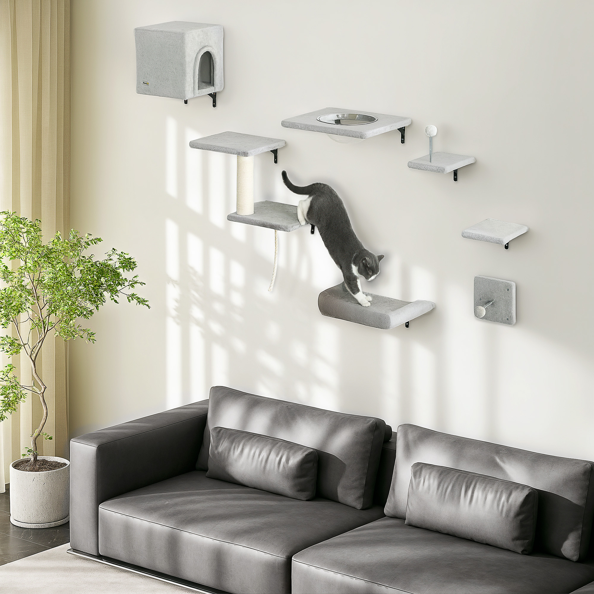 PawHut Cat Wall Shelves Set of 7, Shelves and Perches with House, Sisal Post Ladder, Bed & Ball, Grey Aosom Canada