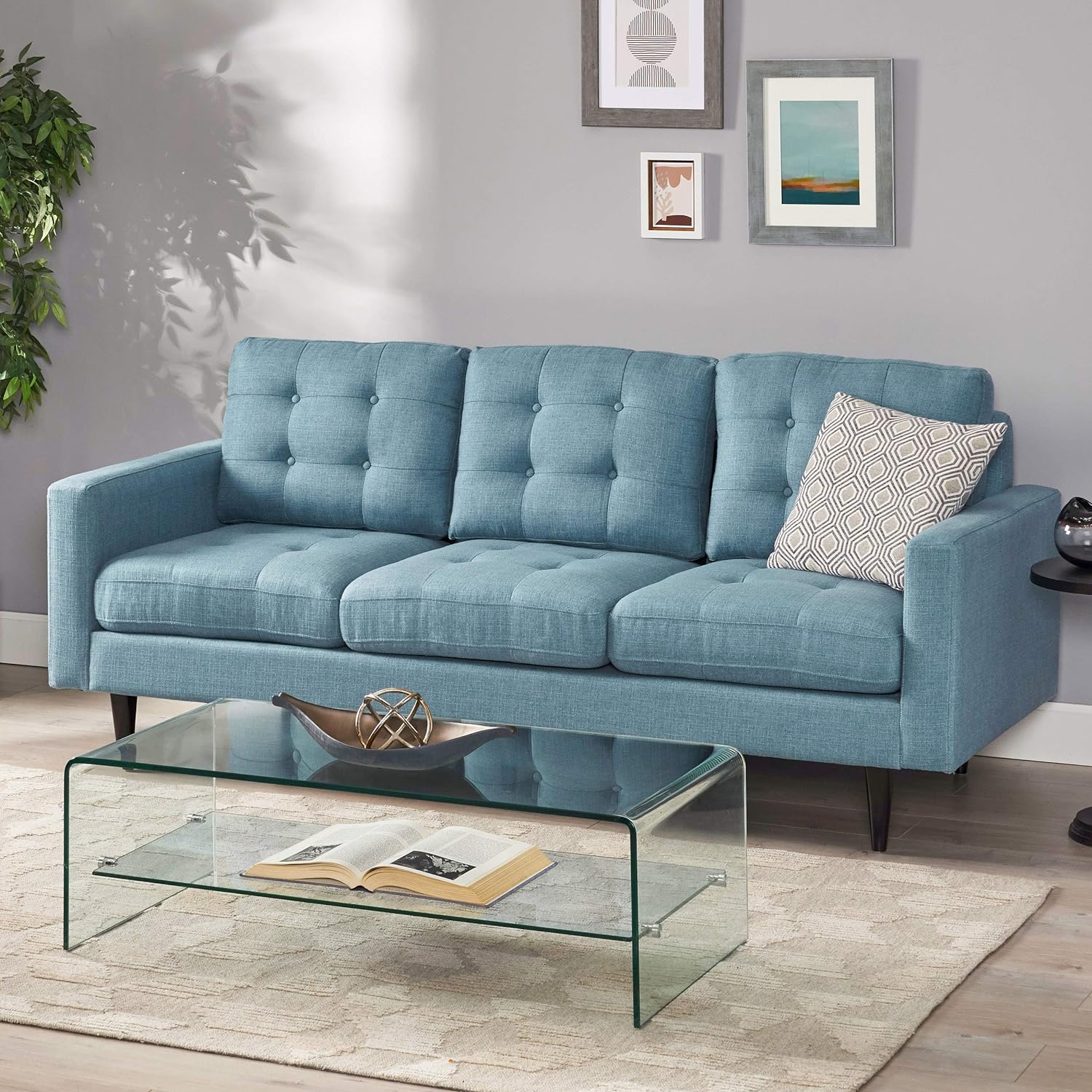 3-Seater Sofa with Button Tufted Waffle Stitch, Rubberwood Legs, Chic Slipcovered Sofa for Living Room, Blue | Aosom Canada