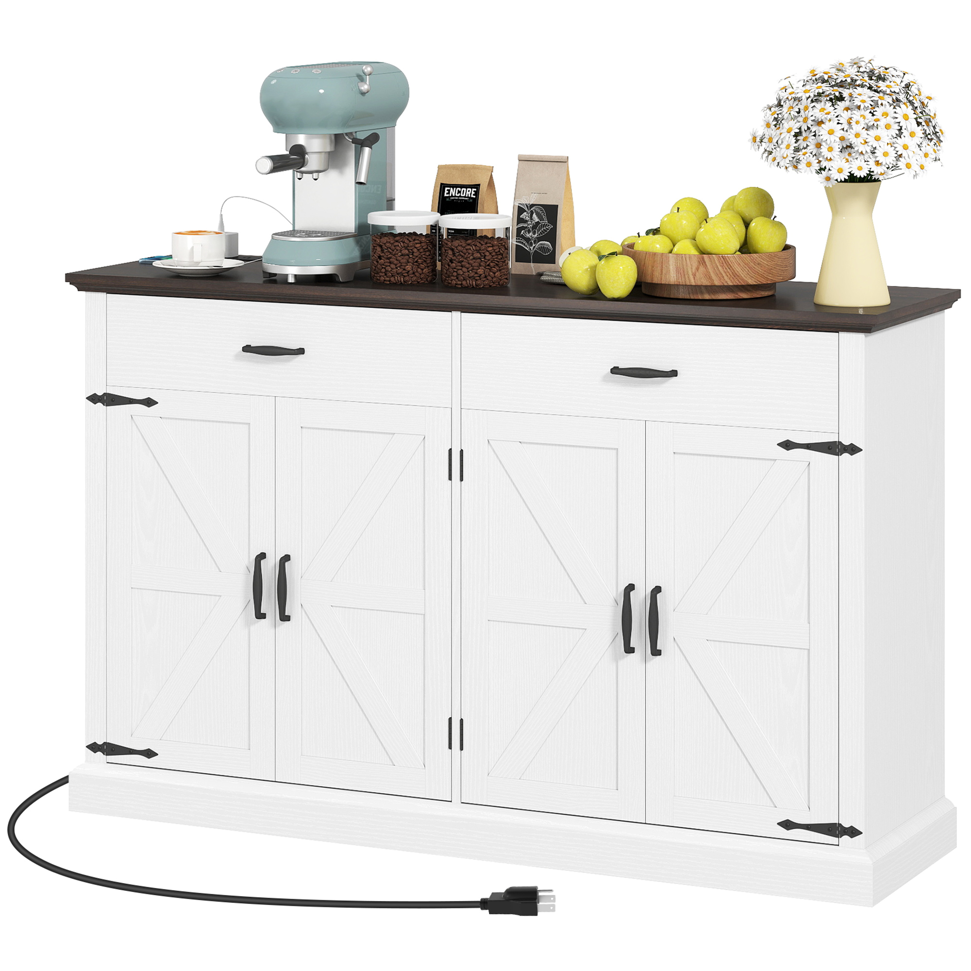 Farmhouse Sideboard with 1.2" Thick Top, 55" Buffet Organizer Unit, 4 Barn Doors, 2 Drawers and 2 Adjustable-Height Shelves, White 1
