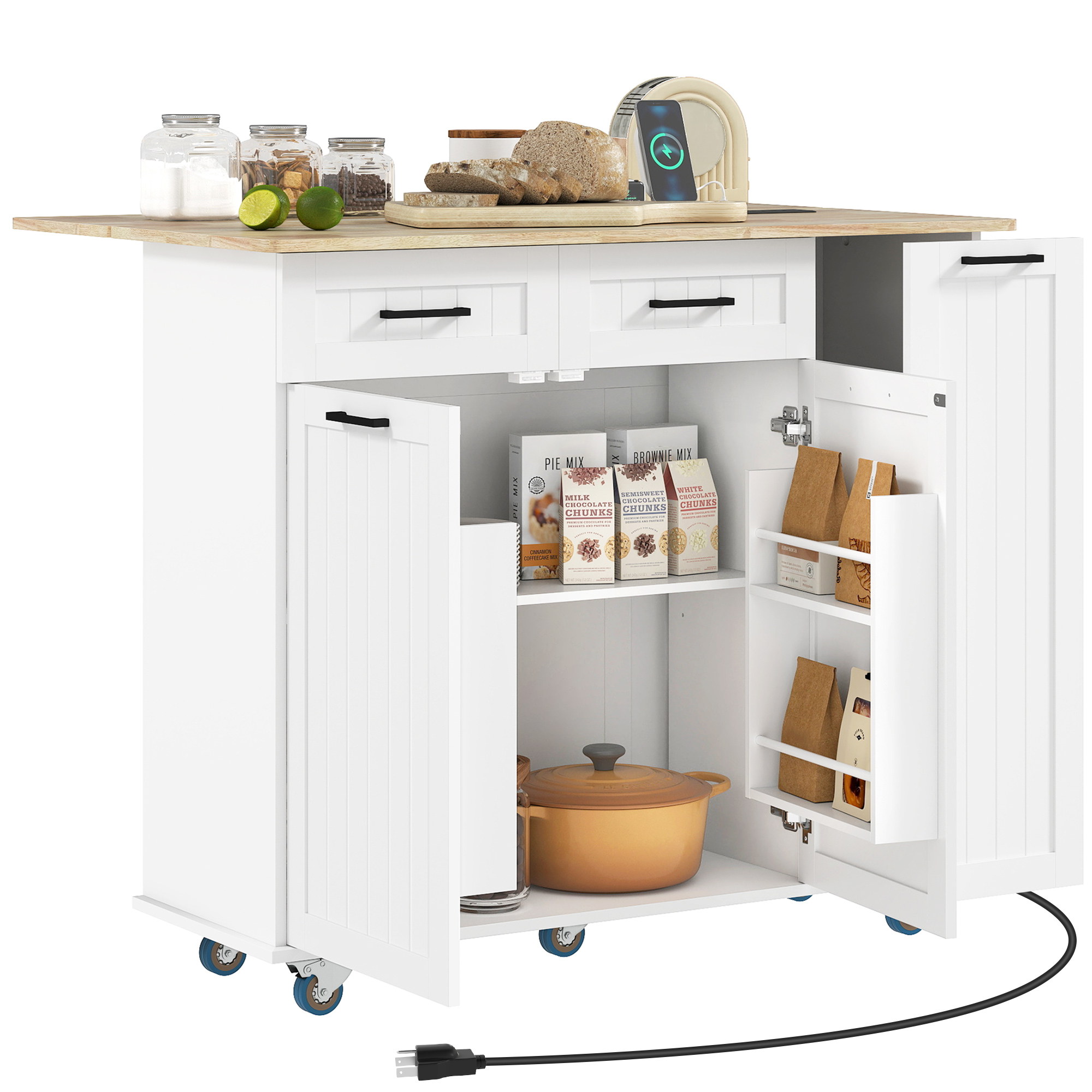 Power Hub, Cooking Island on Castors with Wood Drop Leaf, Rolling Cooking Cart with Adjustable-Height Shelving, White 1