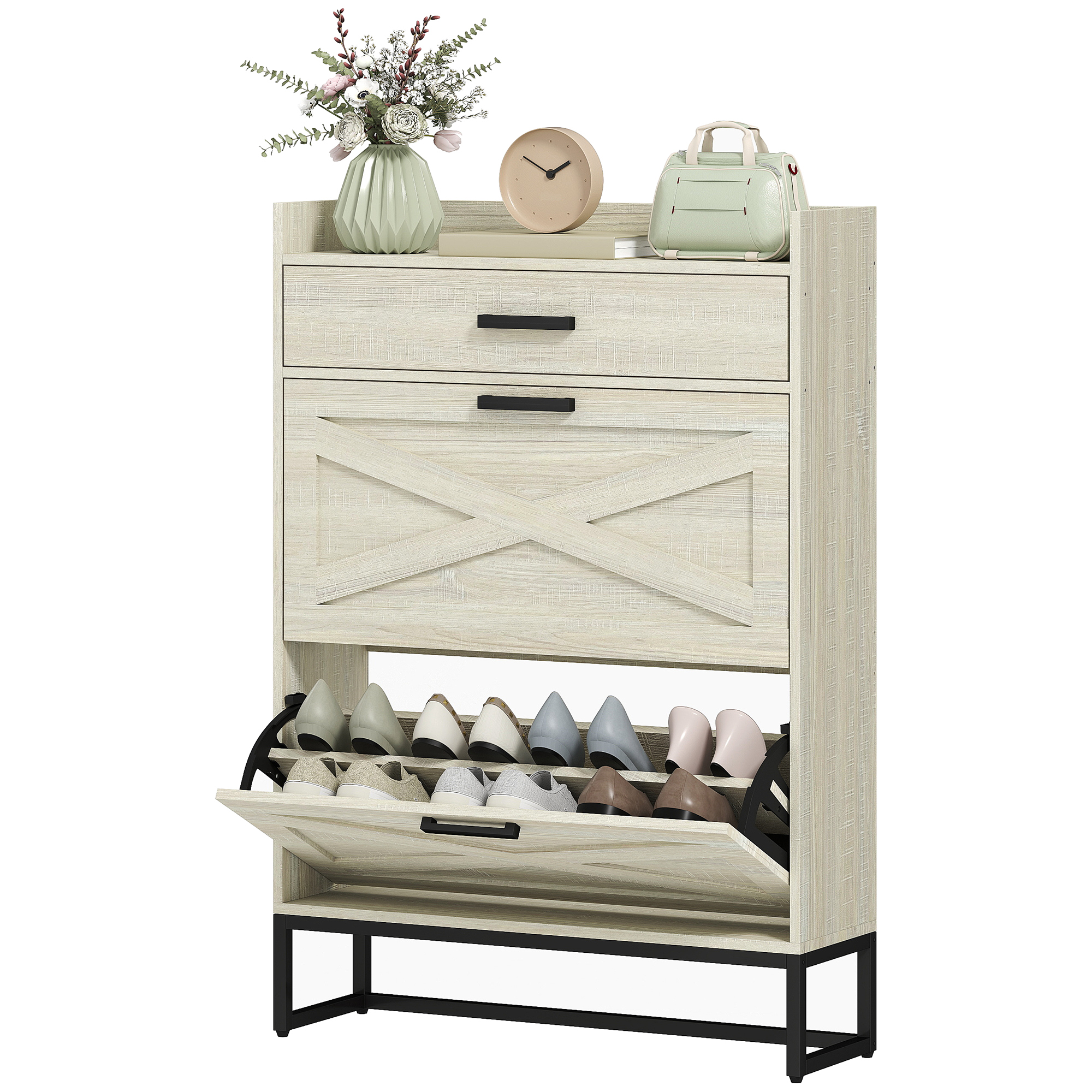 Slim Footwear Organizer with 2 Flip Drawers and Adjustable-Height Shelves Footwear Organizer Unit Organizer for 12 Pair, Distressed White 1