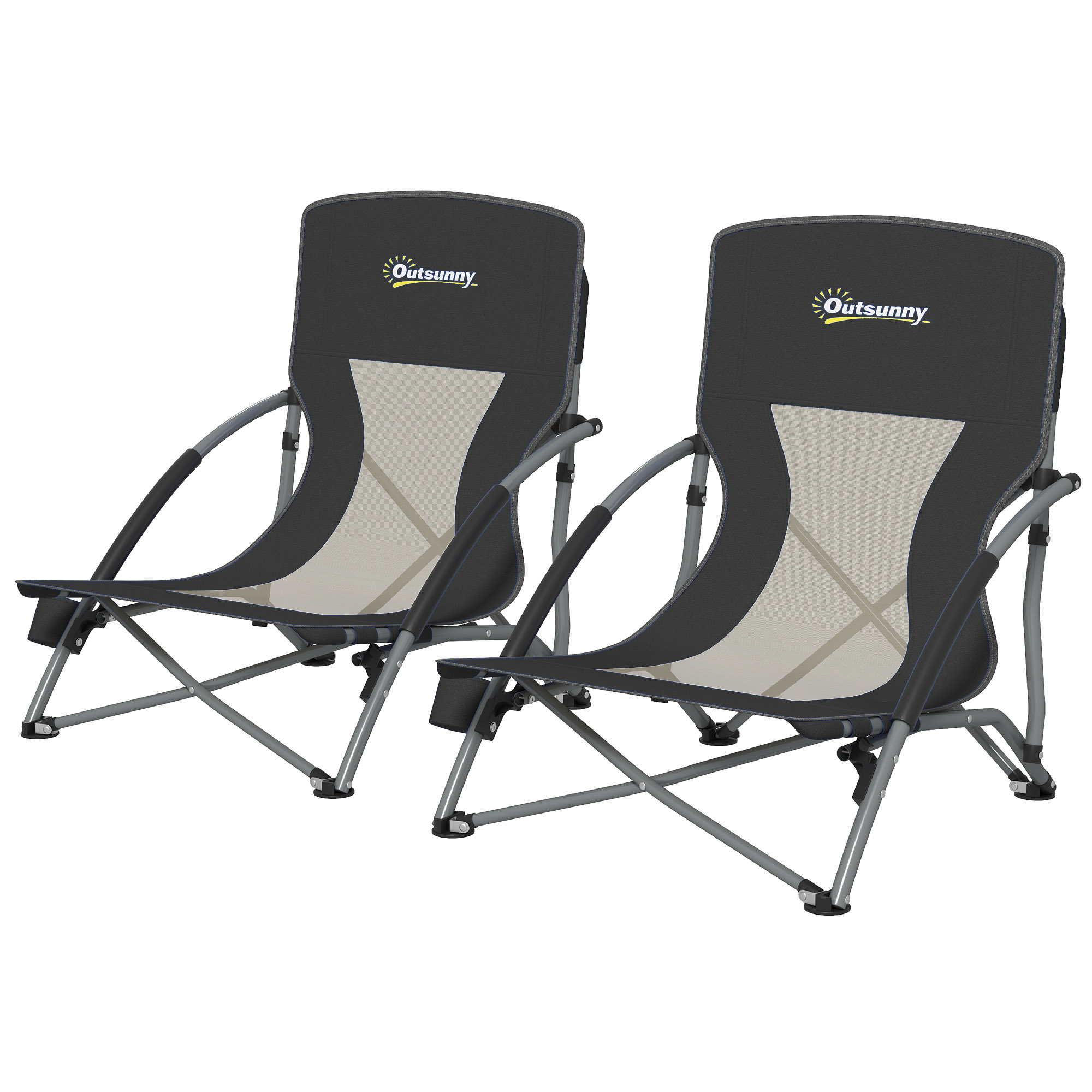 Outsunny Set of 2 Folding Beach Chairs with Mesh Back, Carry Bag and Cup Holder for Outdoor Camping Lawn Sports Picnic, Black