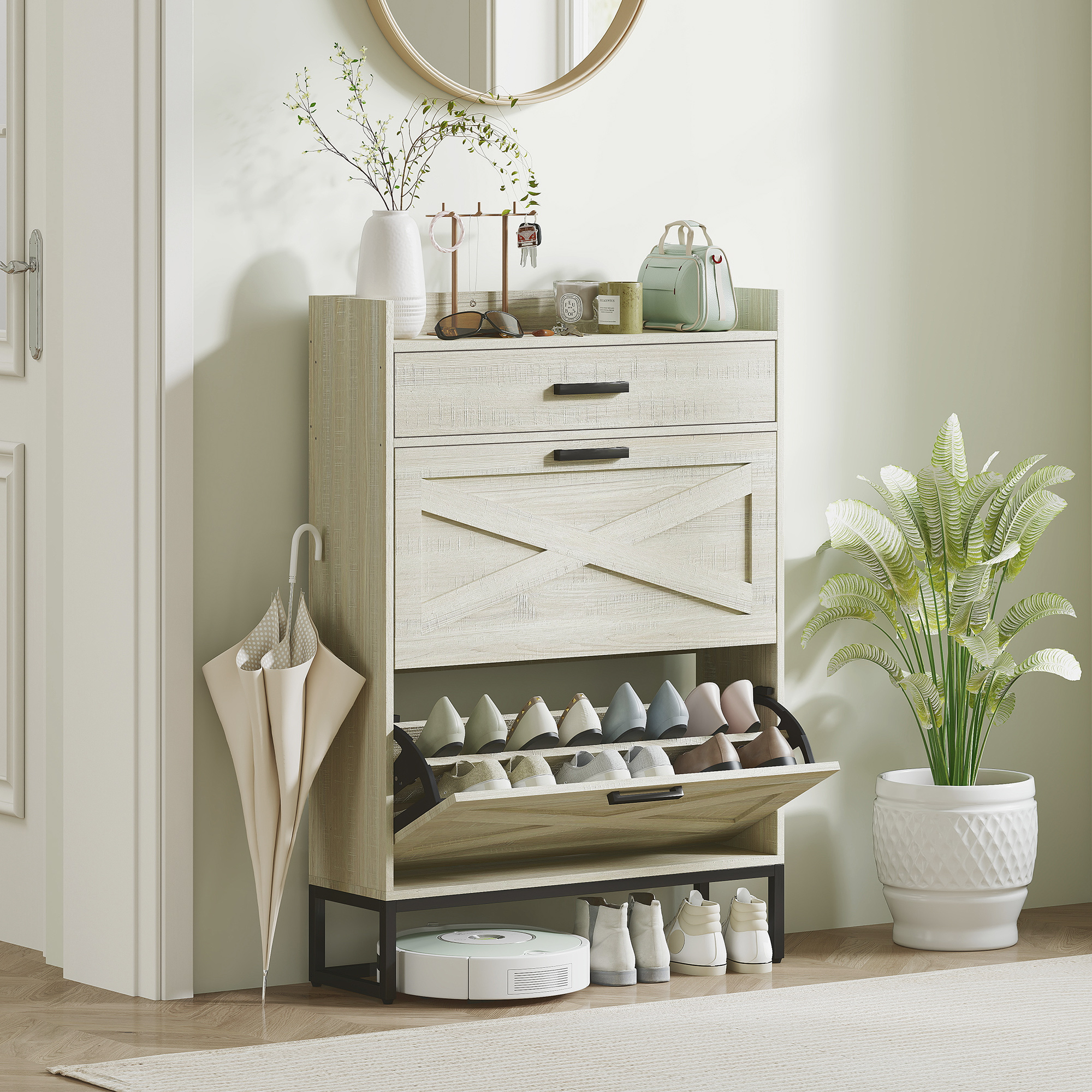 HOMCOM Narrow Shoe Cabinet Organizer with 2 Flip Drawers Adjustable Shelves for 12 Pairs Distressed White Aosom Canada