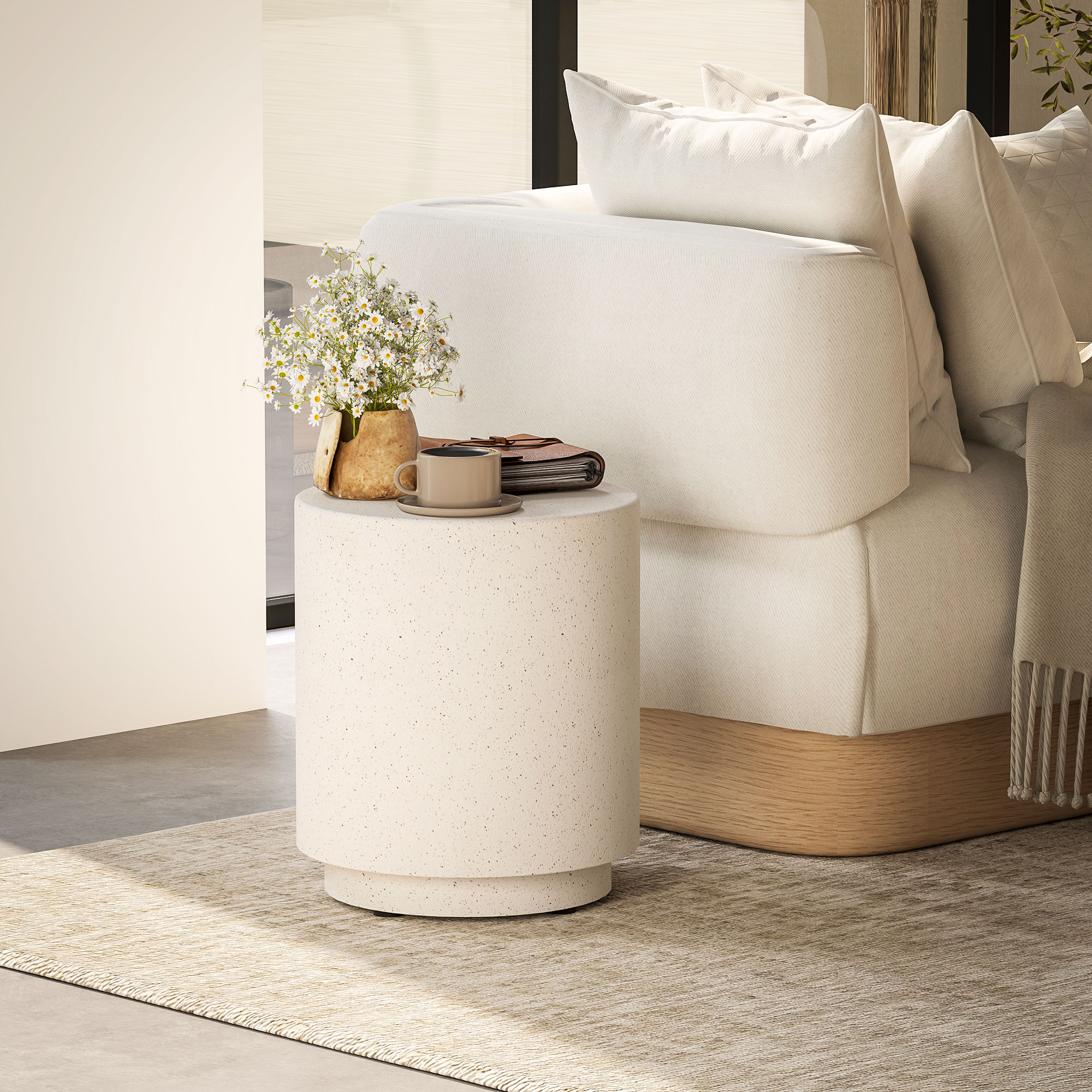 HOMCOM Terrazzo Finish Side Table, 17" Round End Table for Indoor and Outdoor, Cream White Aosom Canada