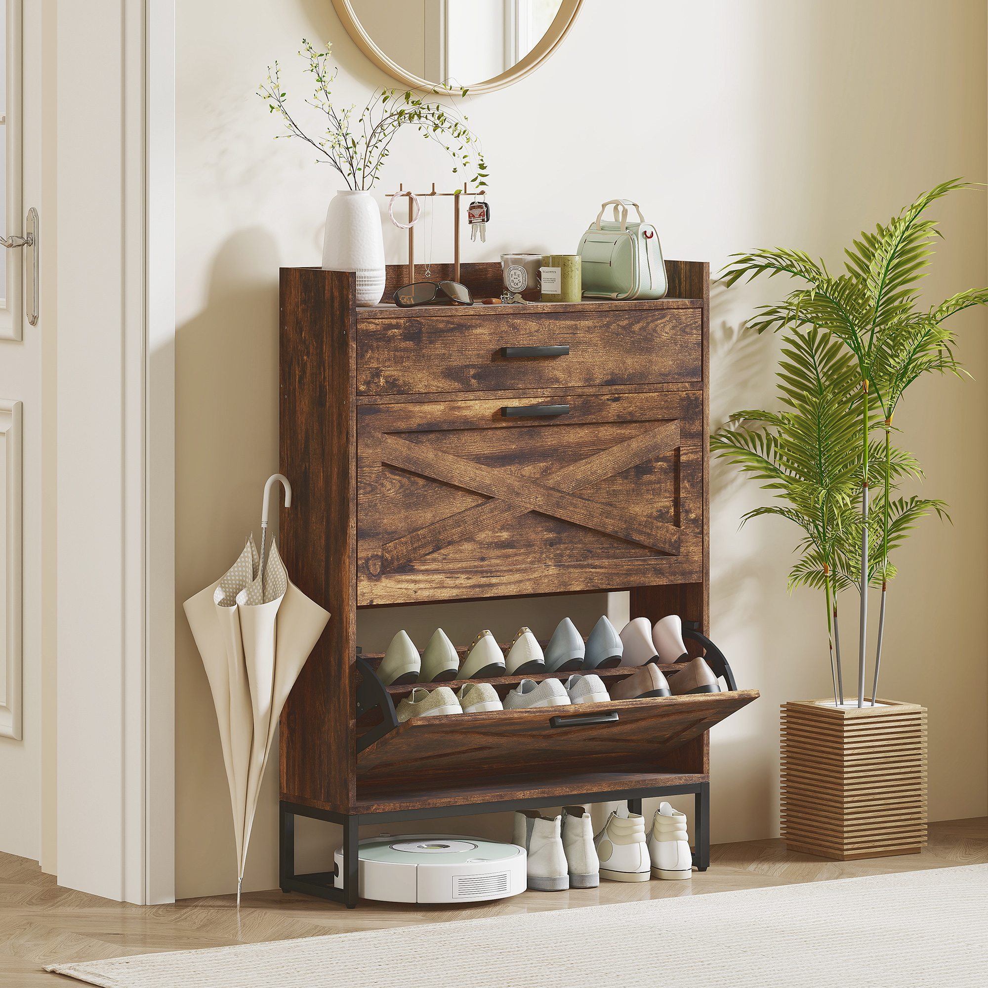 HOMCOM Narrow Shoe Cabinet Organizer: 2 Flip Drawers, Adjustable Shelves for 12 Pairs, Rustic Brown Aosom Canada