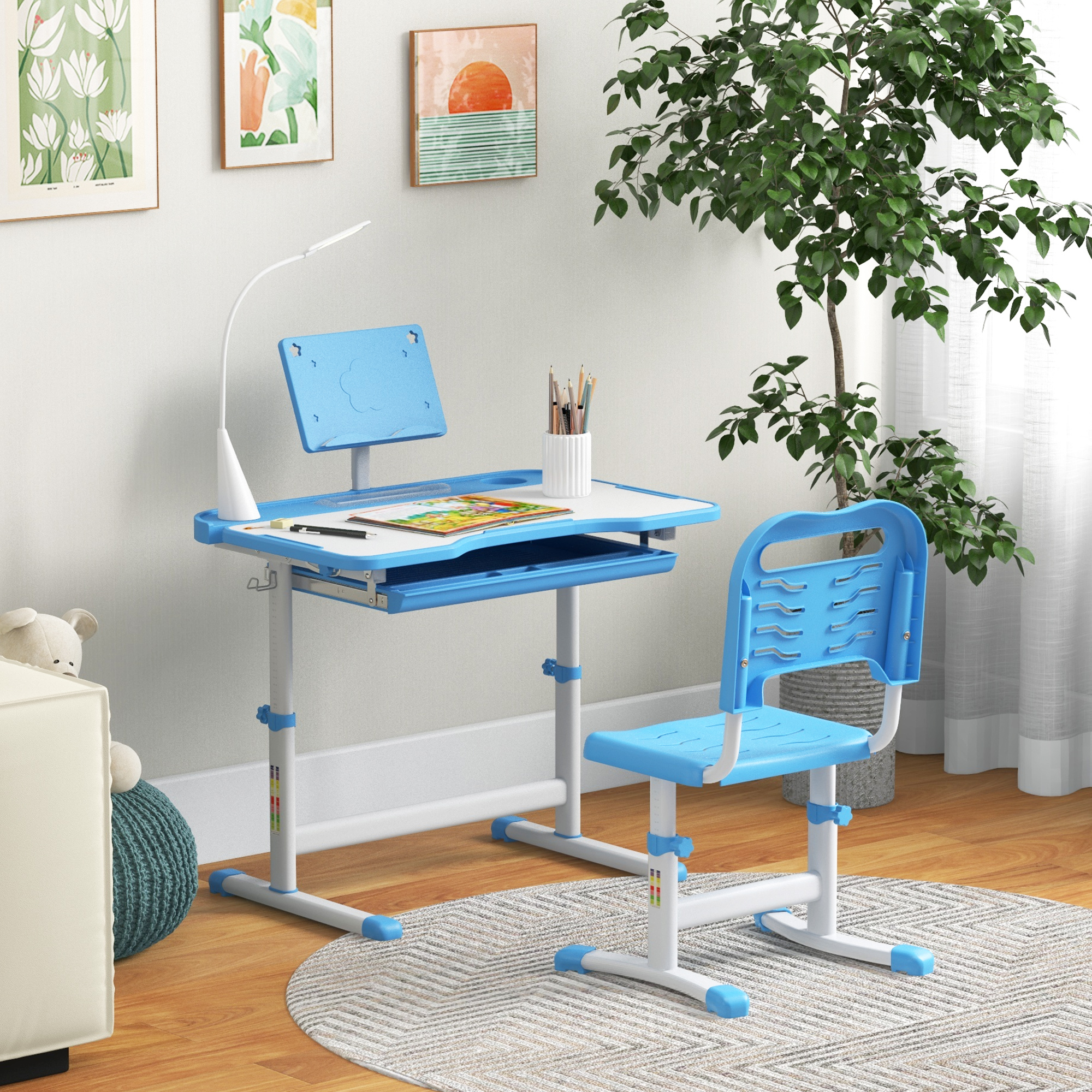 Qaba Kids Desk and Chair Set Height Adjustable Student Writing